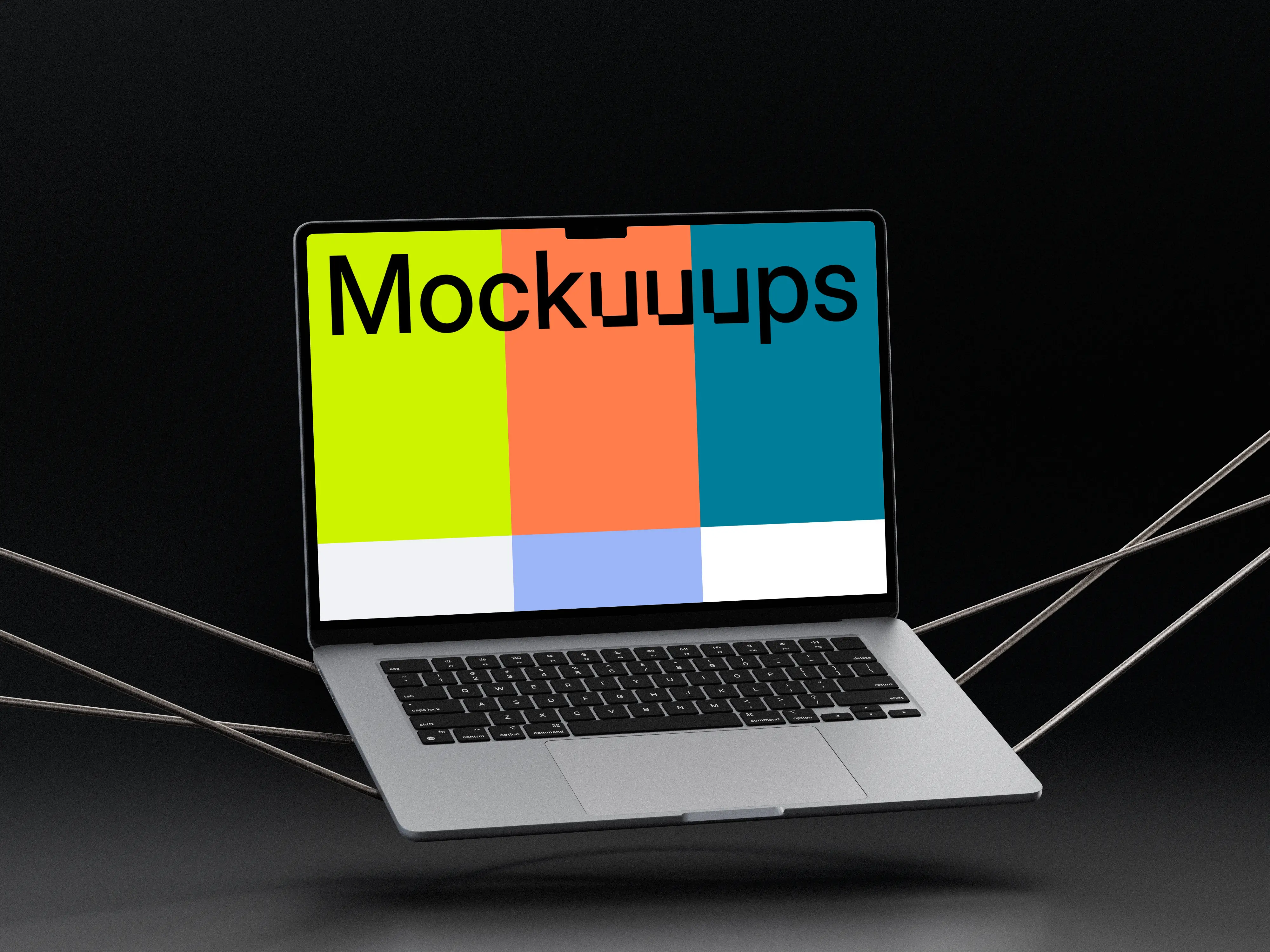 MacBook Air mockup with floating design on a dark background