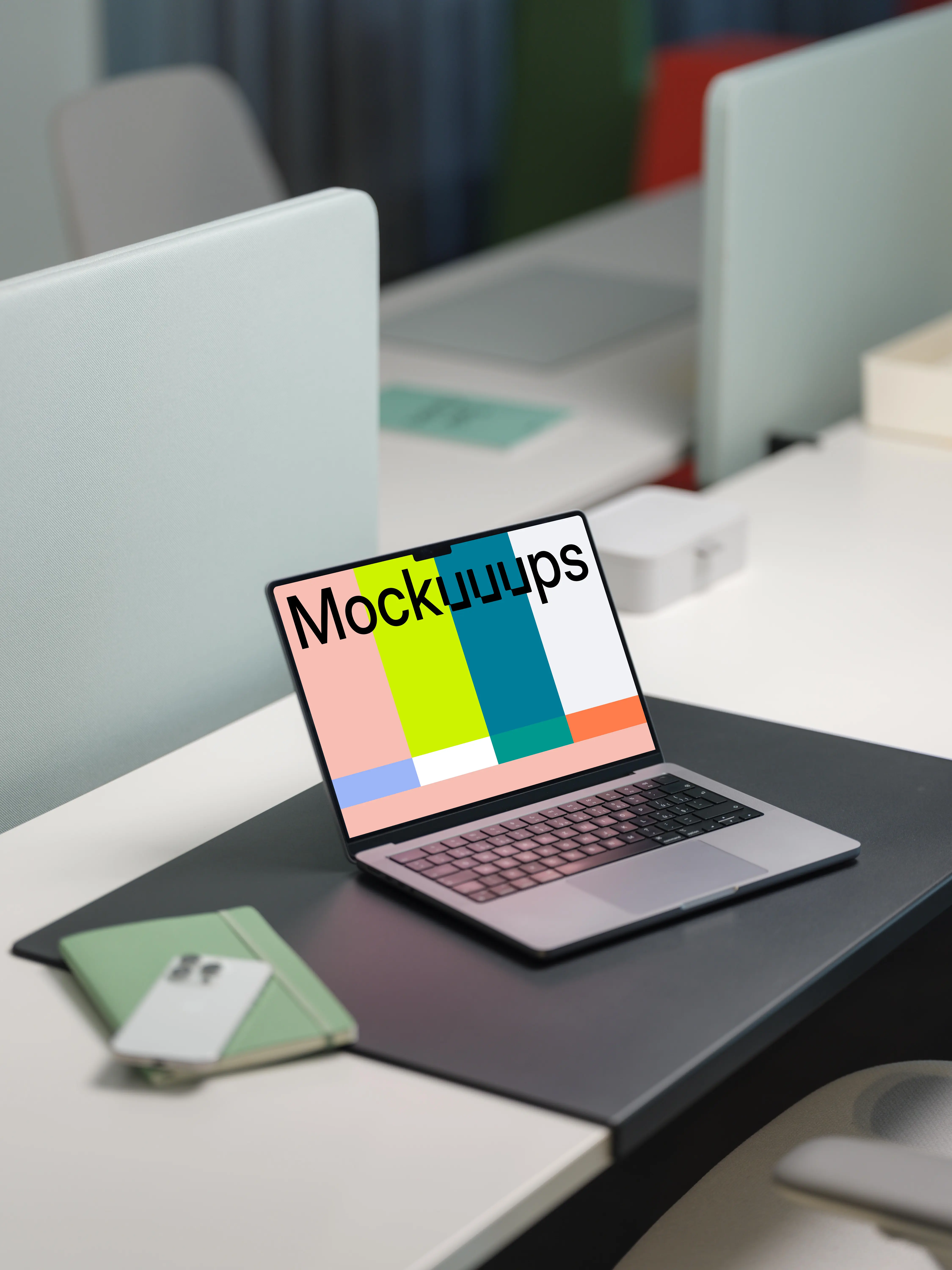 MacBook Pro 14 mockup on a modern office desk