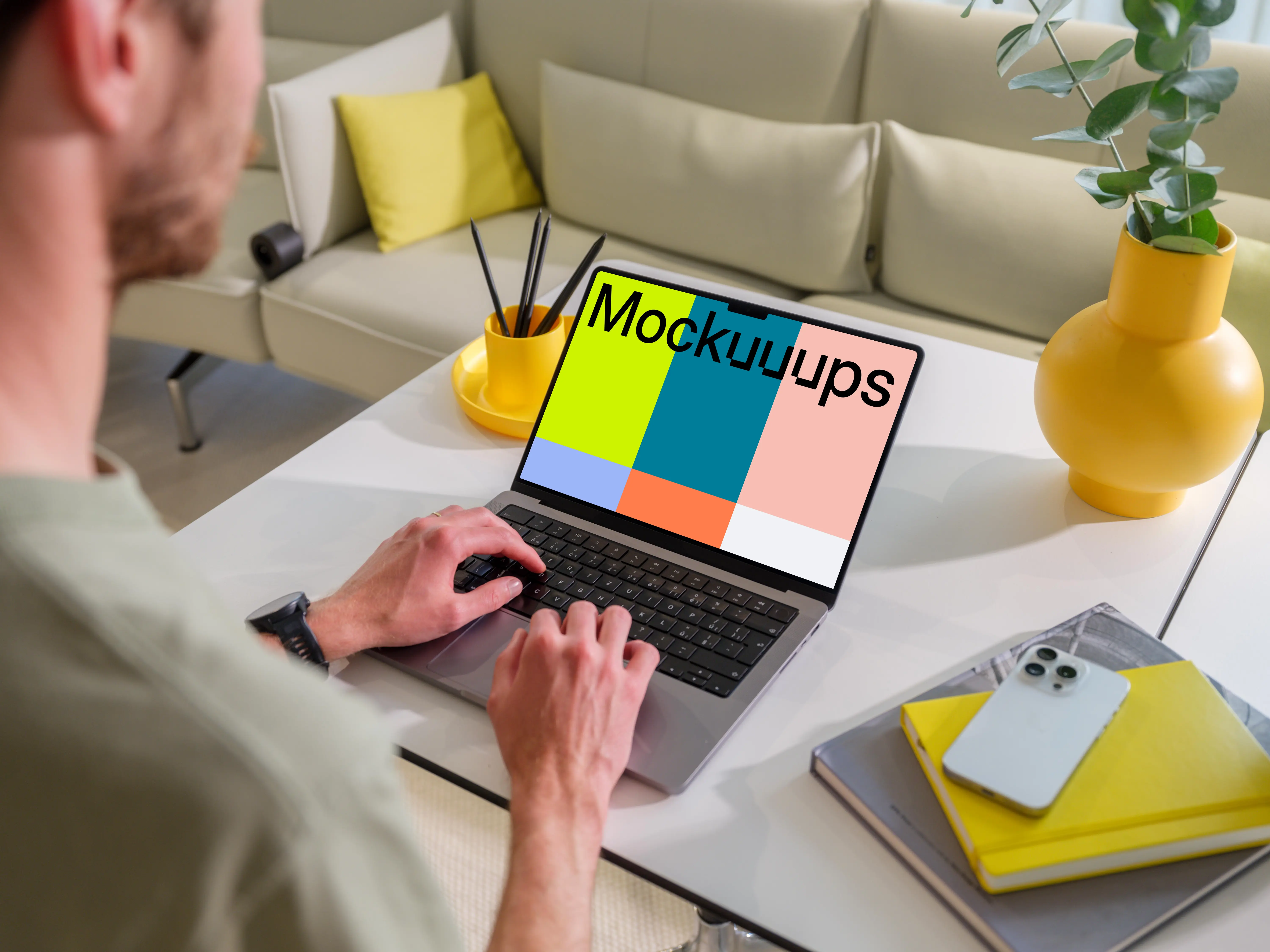 MacBook Pro 14" mockup on modern home office desk