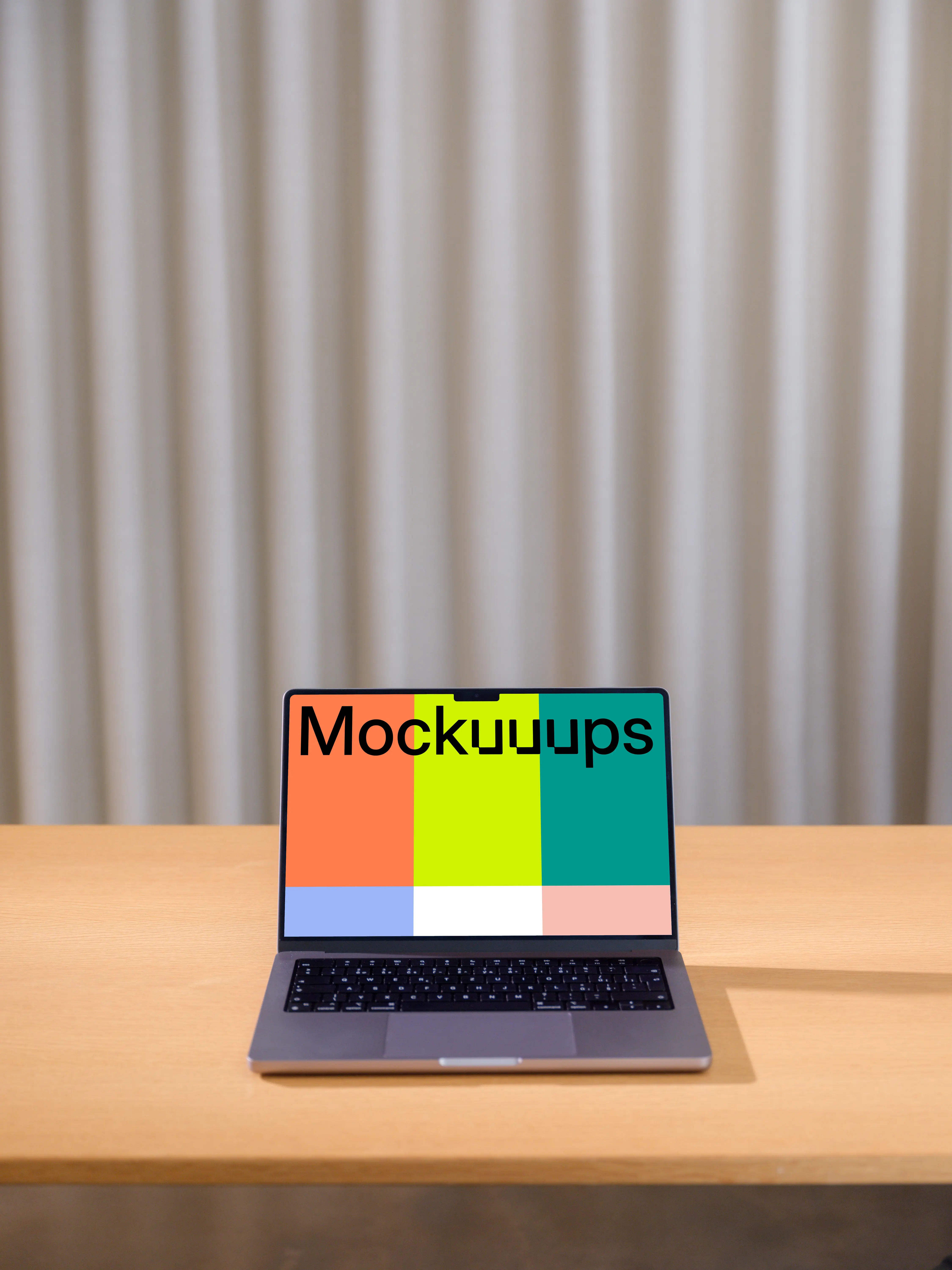 MacBook Pro 14 Mockup on Wooden Desk against Curtained Background
