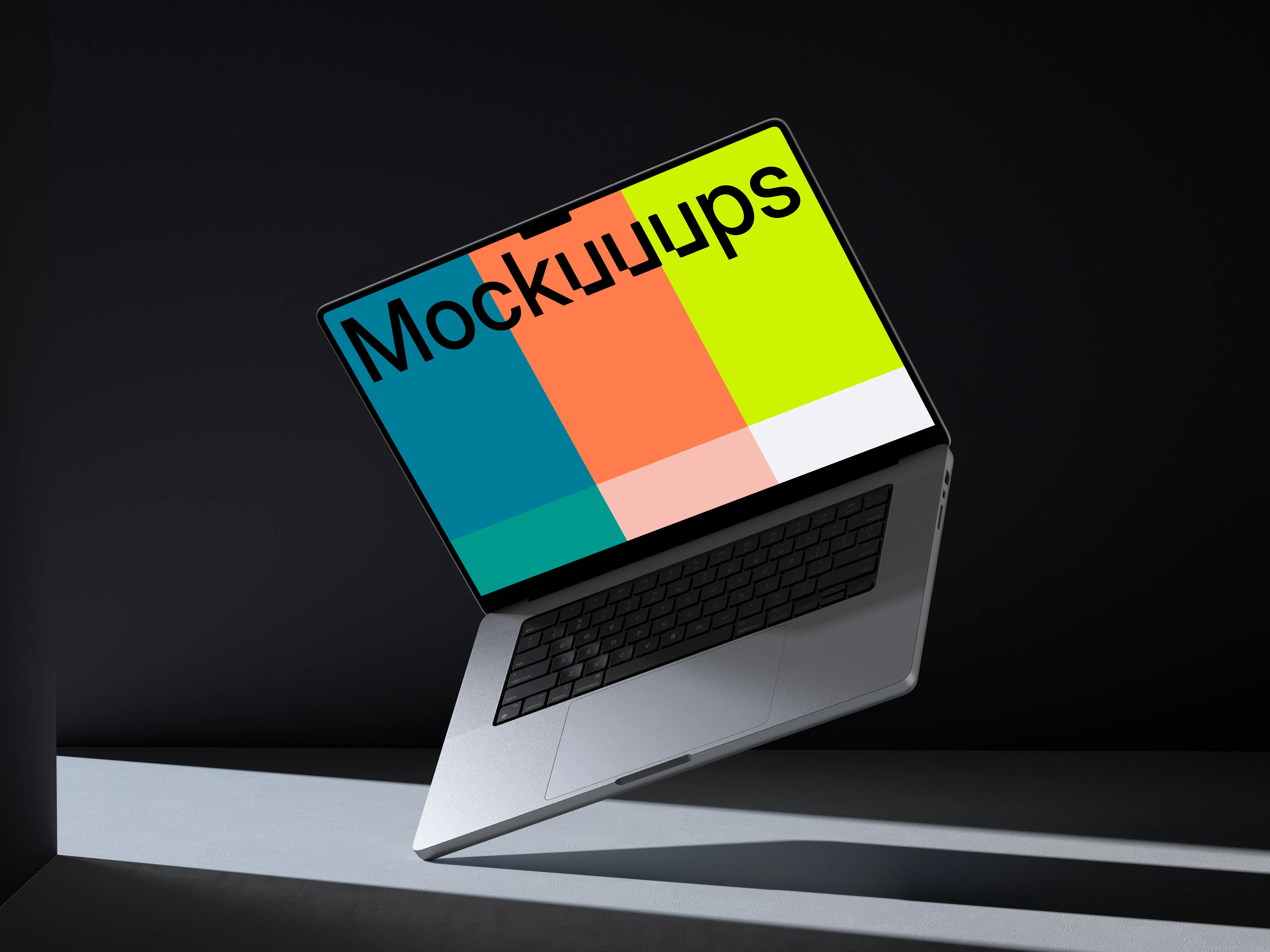 MacBook Pro 16 inch mockup floating over dual-tone backdrop