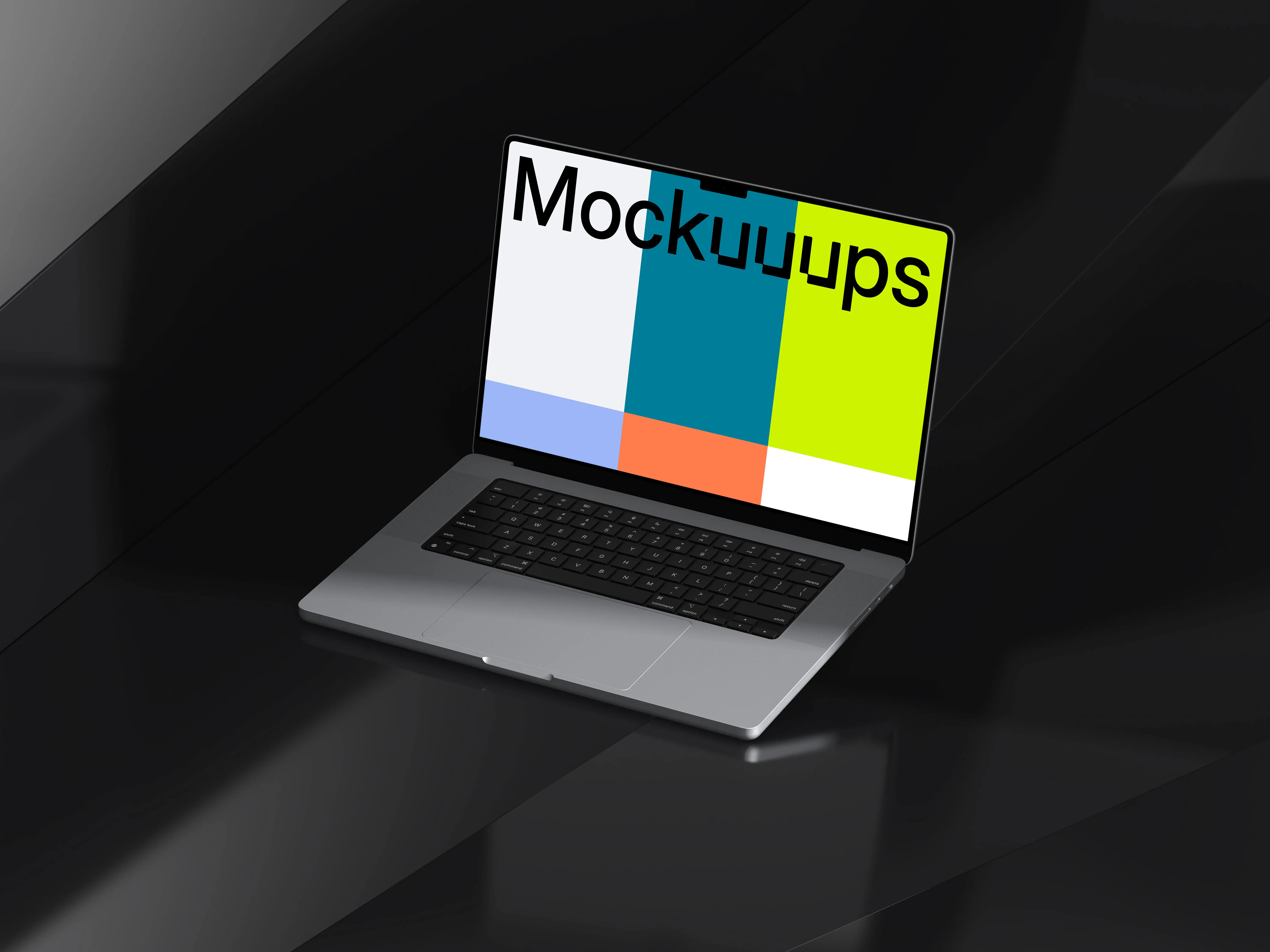 MacBook Pro 16 inch Mockup on a Glossy Black Surface