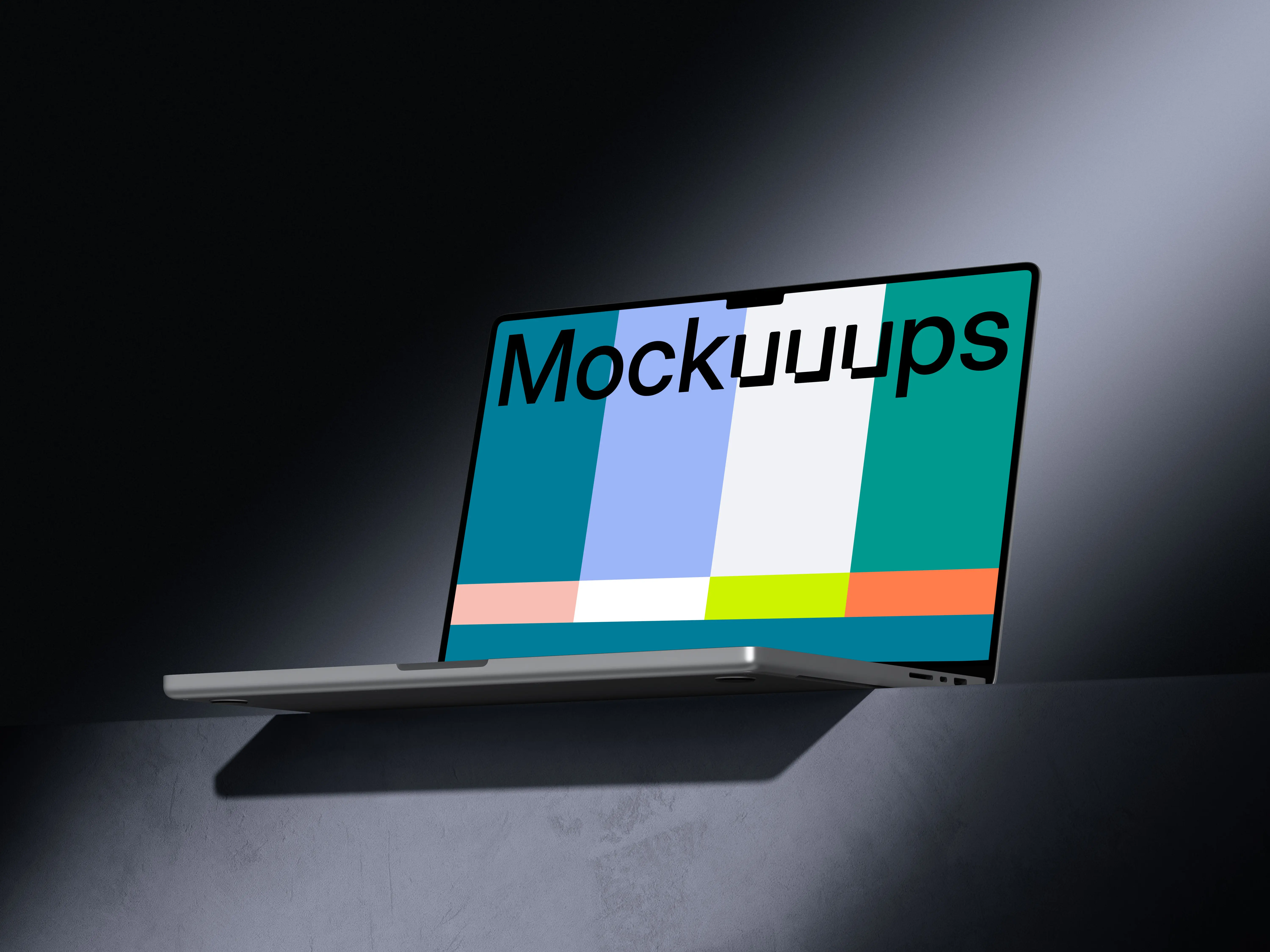 MacBook Pro 16 inch mockup on a textured tabletop with dramatic lighting