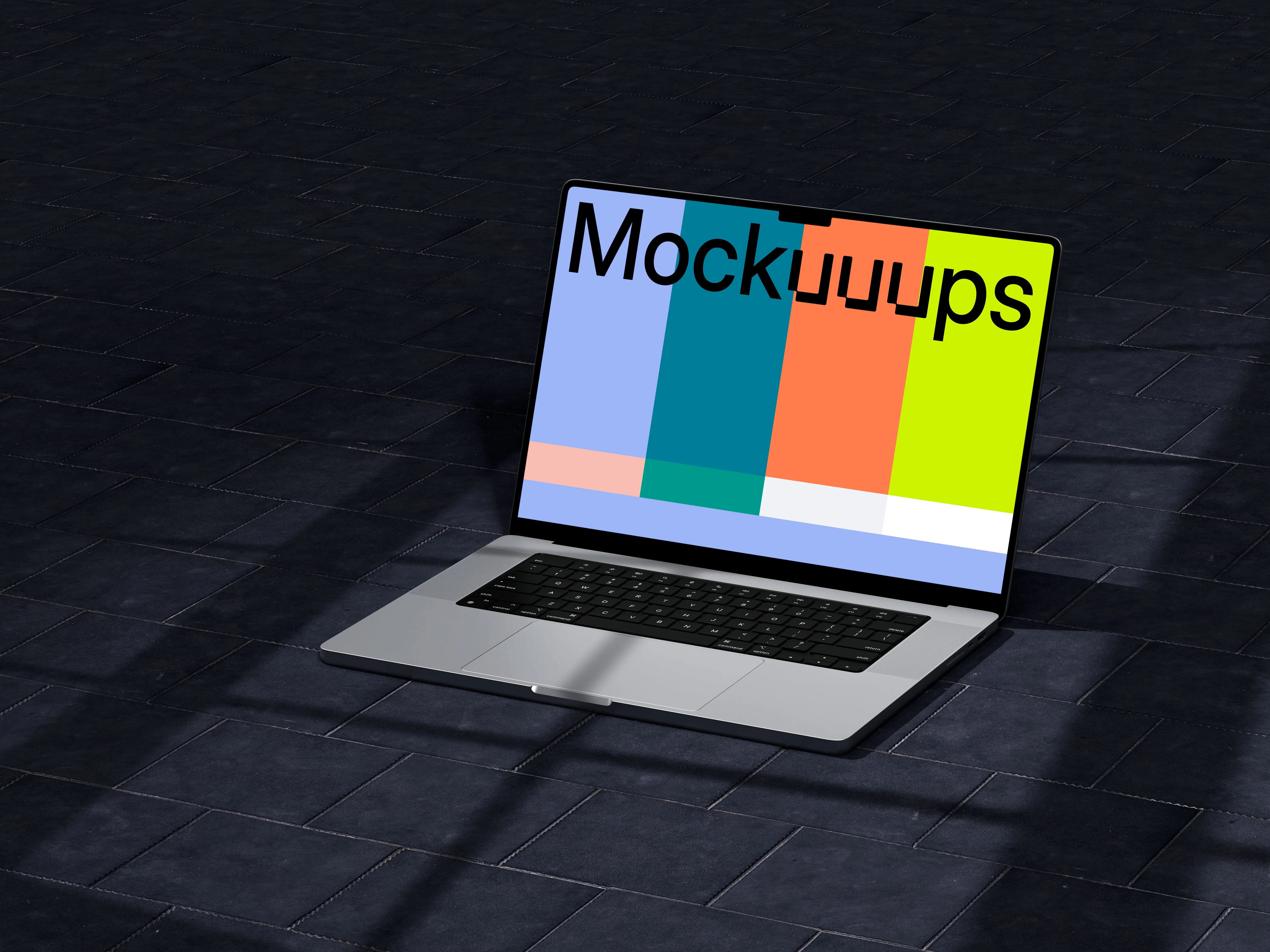 MacBook Pro 16-inch mockup on dark tile floor