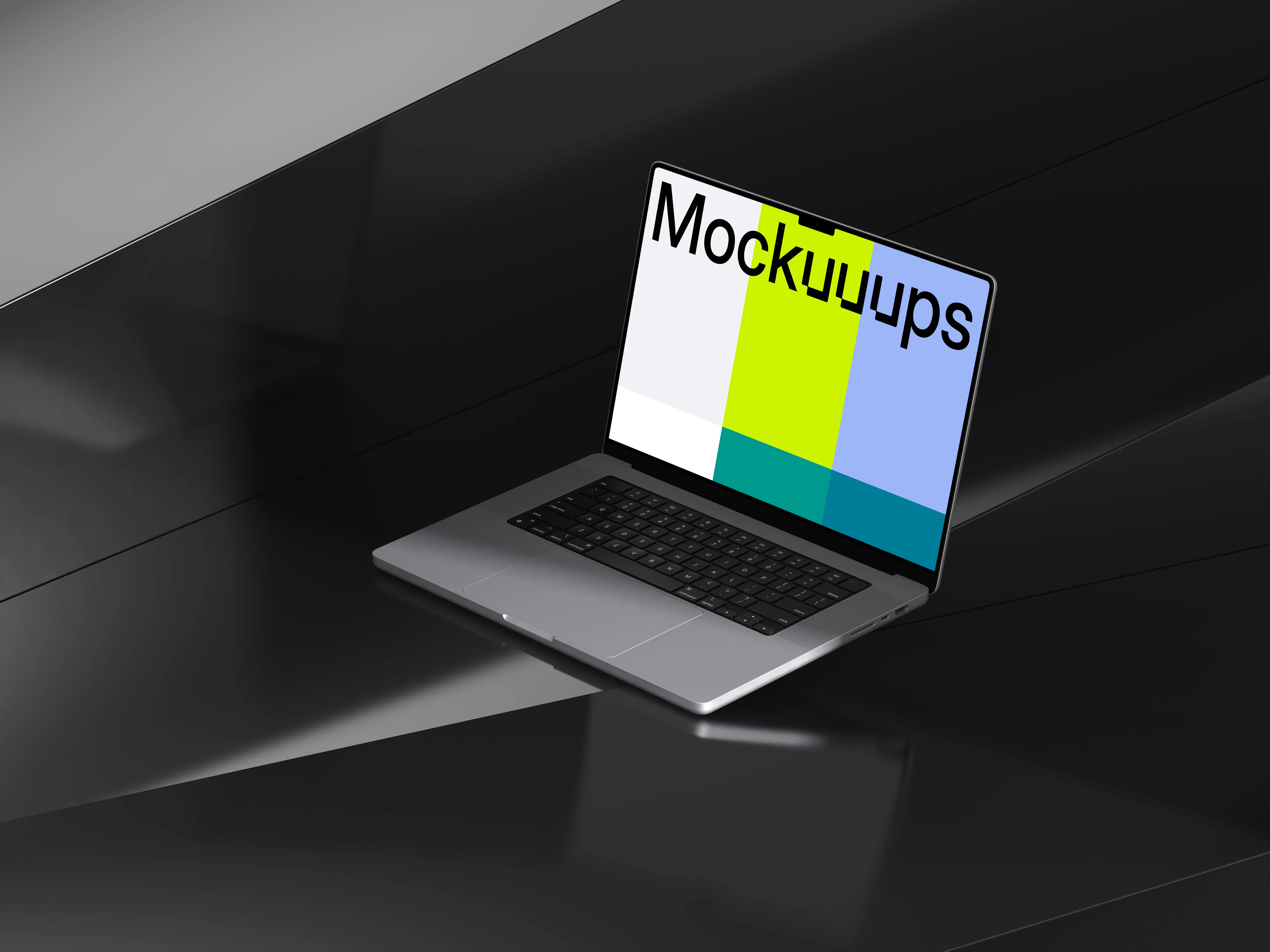 MacBook Pro 16 Mockup on a Glossy Black Surface