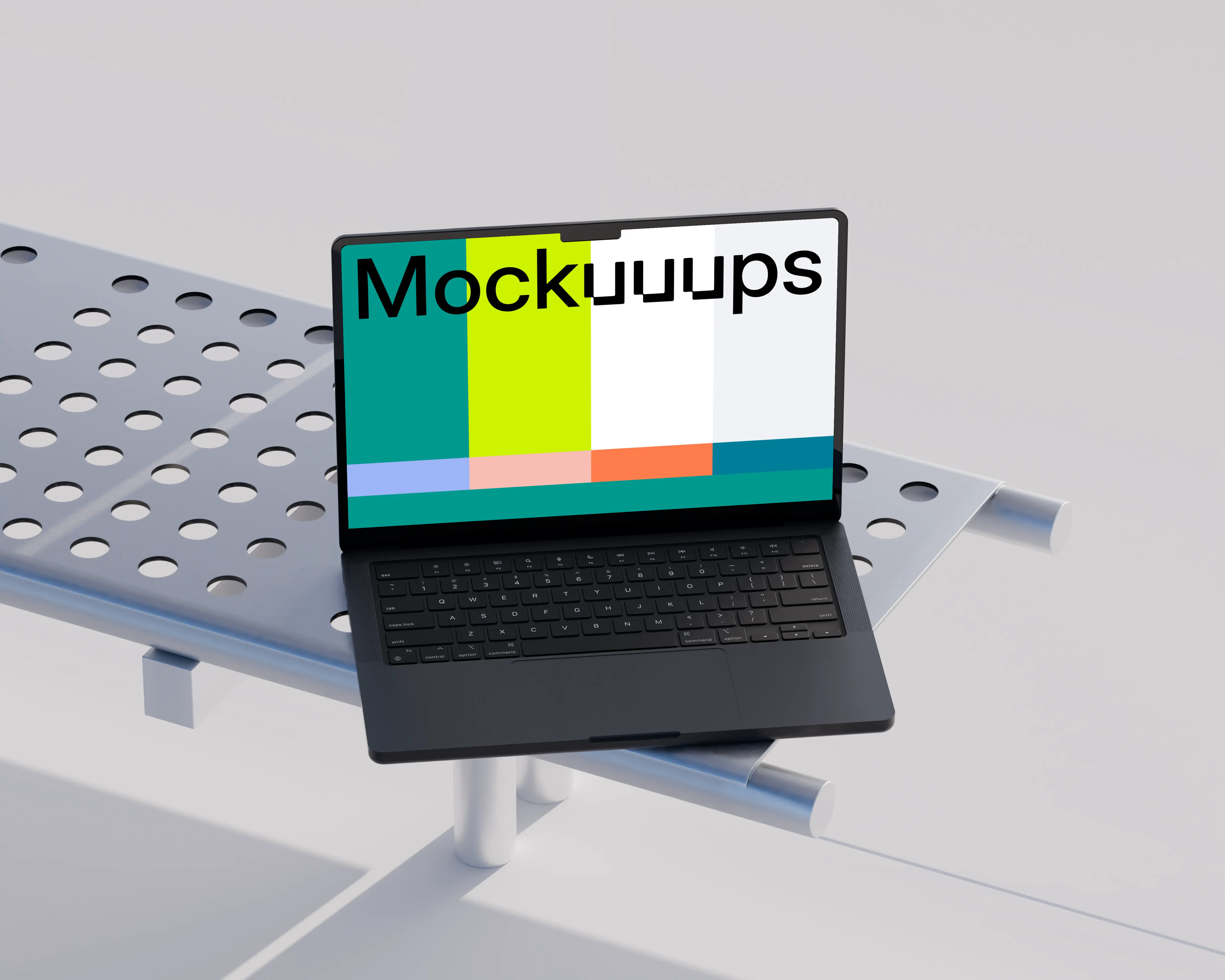 MacBook Pro mockup on a modern metal bench