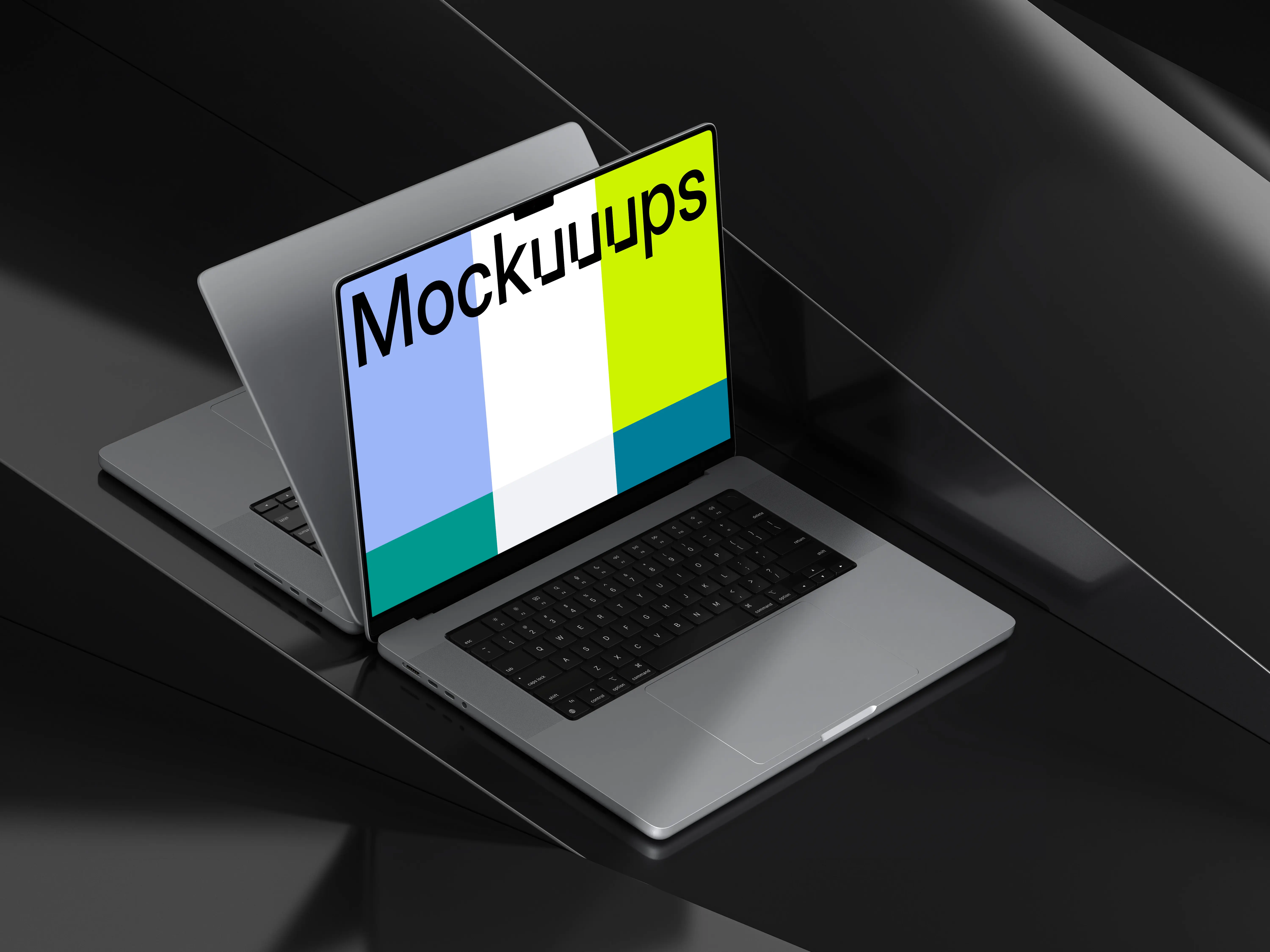 MacBook Pro mockup on glossy black surface