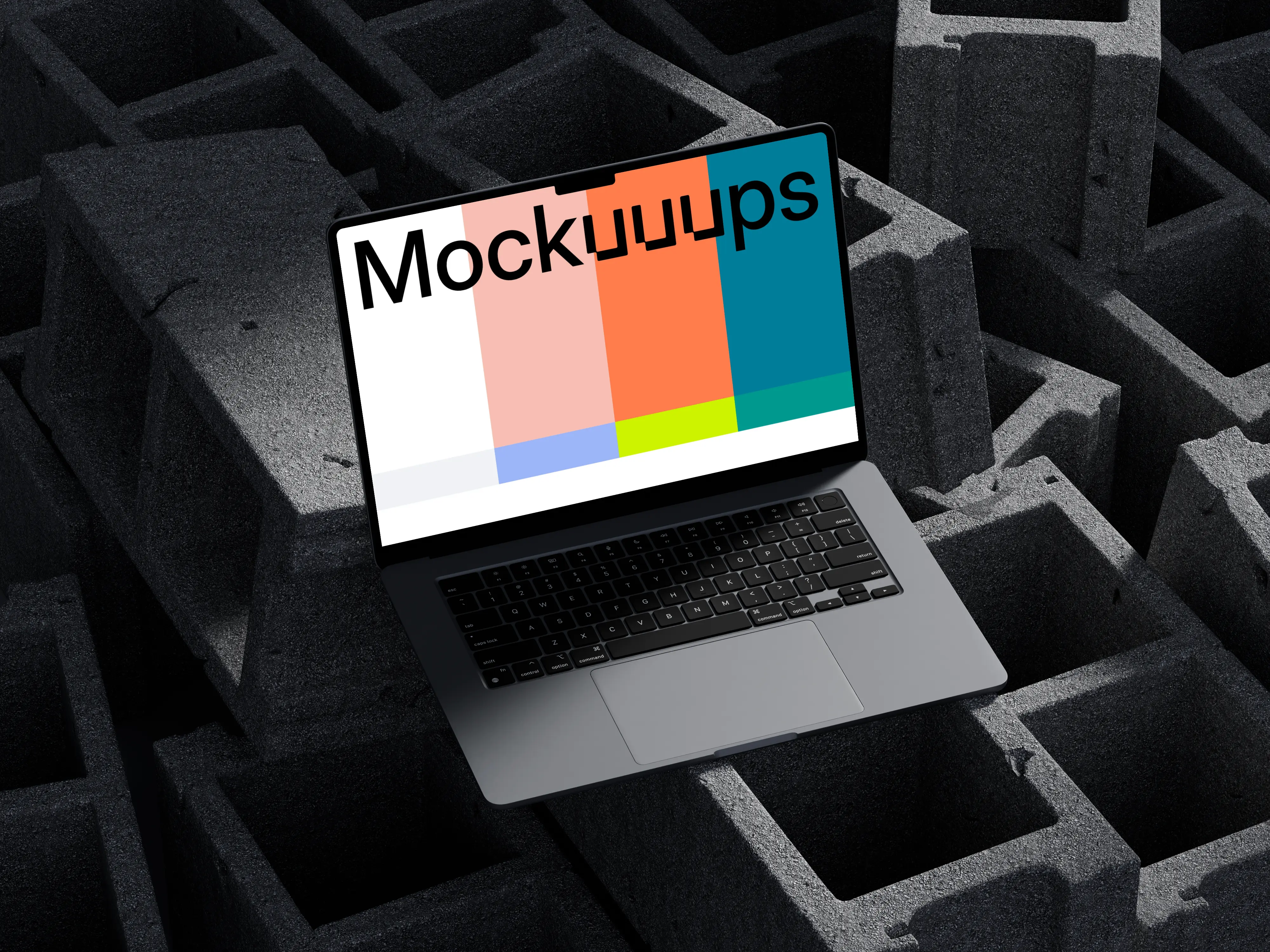 MacBook Pro mockup on isometric concrete blocks