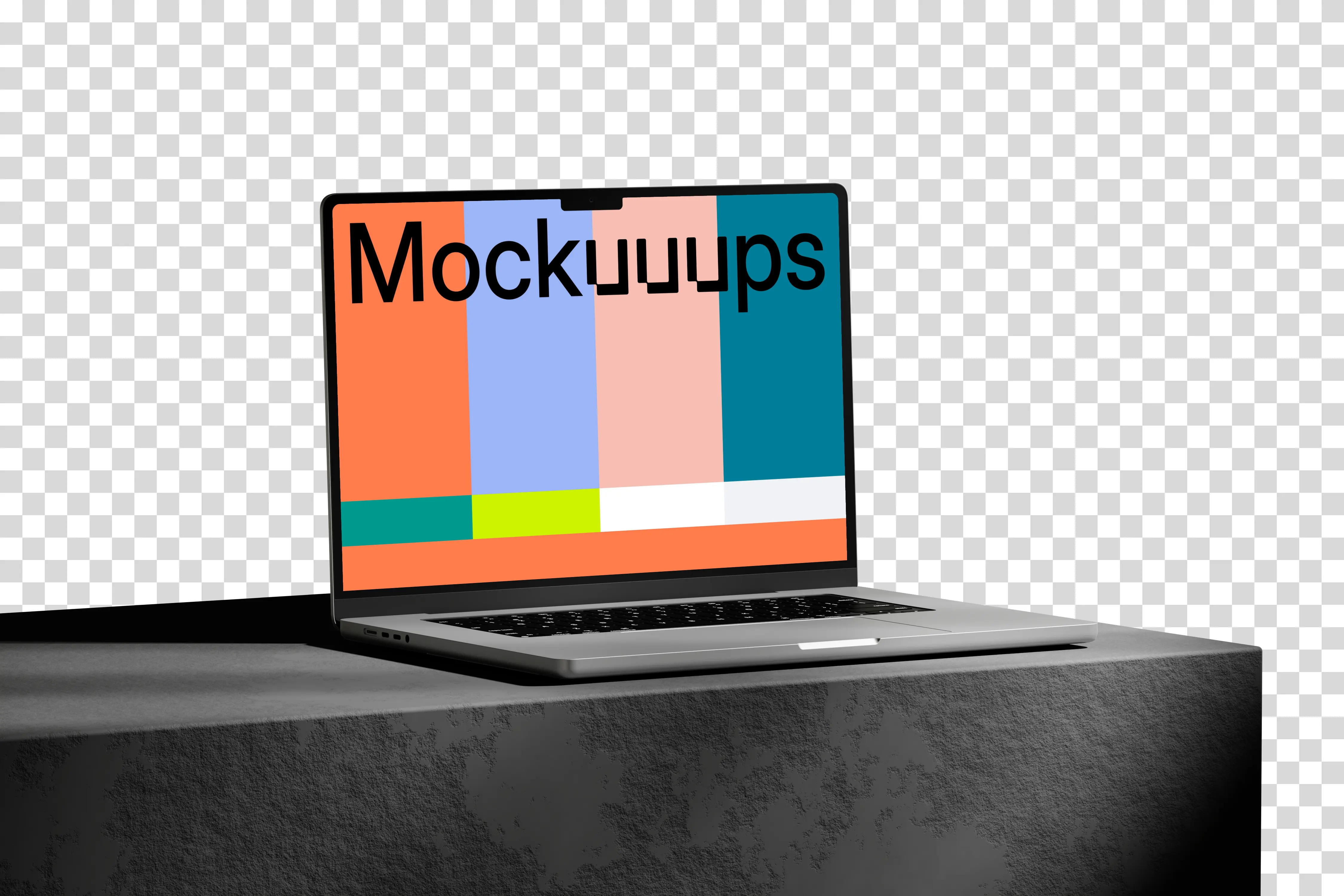 MacBook Pro mockup on textured rock platform with dramatic shadow