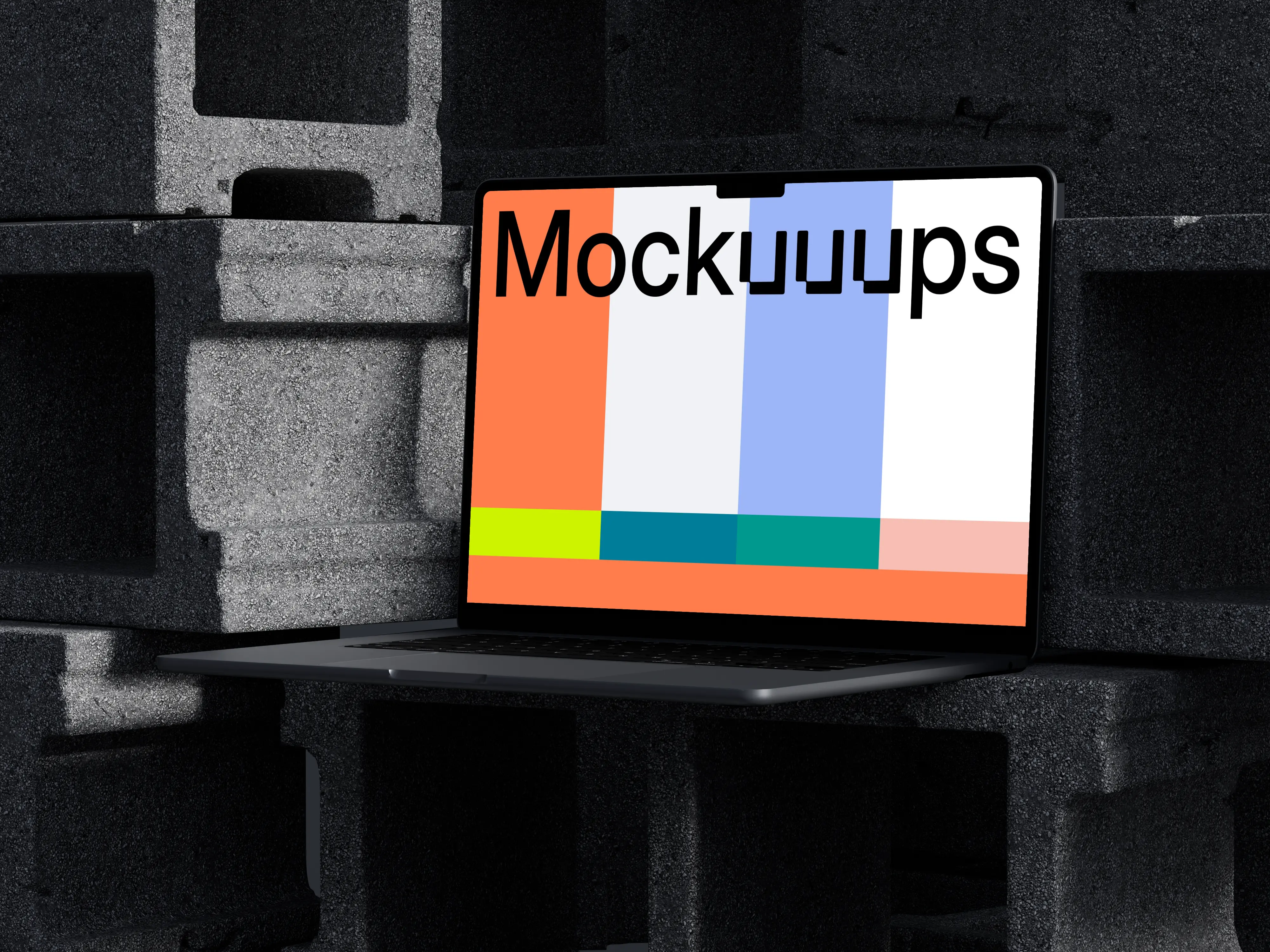 MacBook Pro mockup placed up on concrete blocks