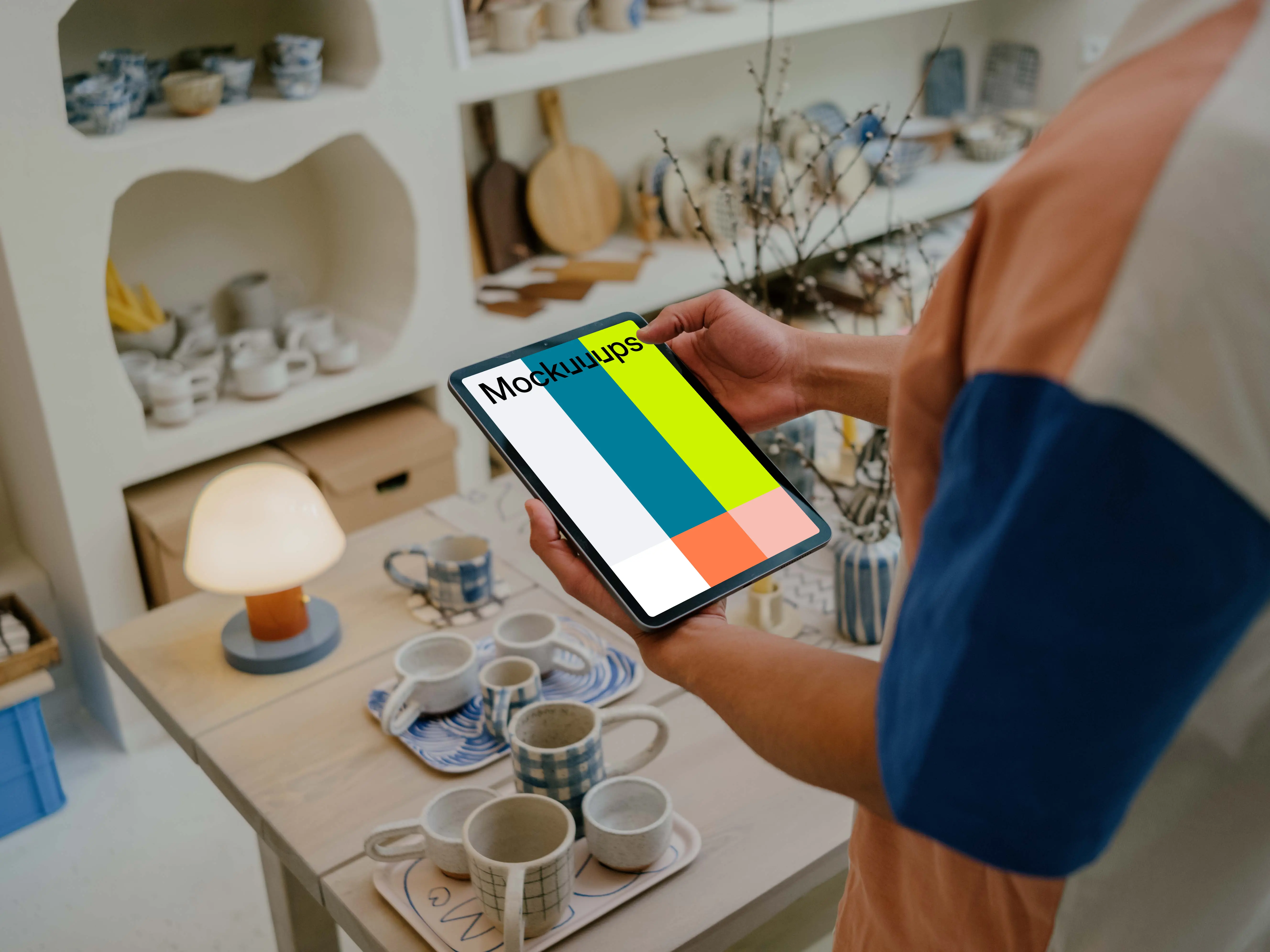 Male hands holding a tablet mockup