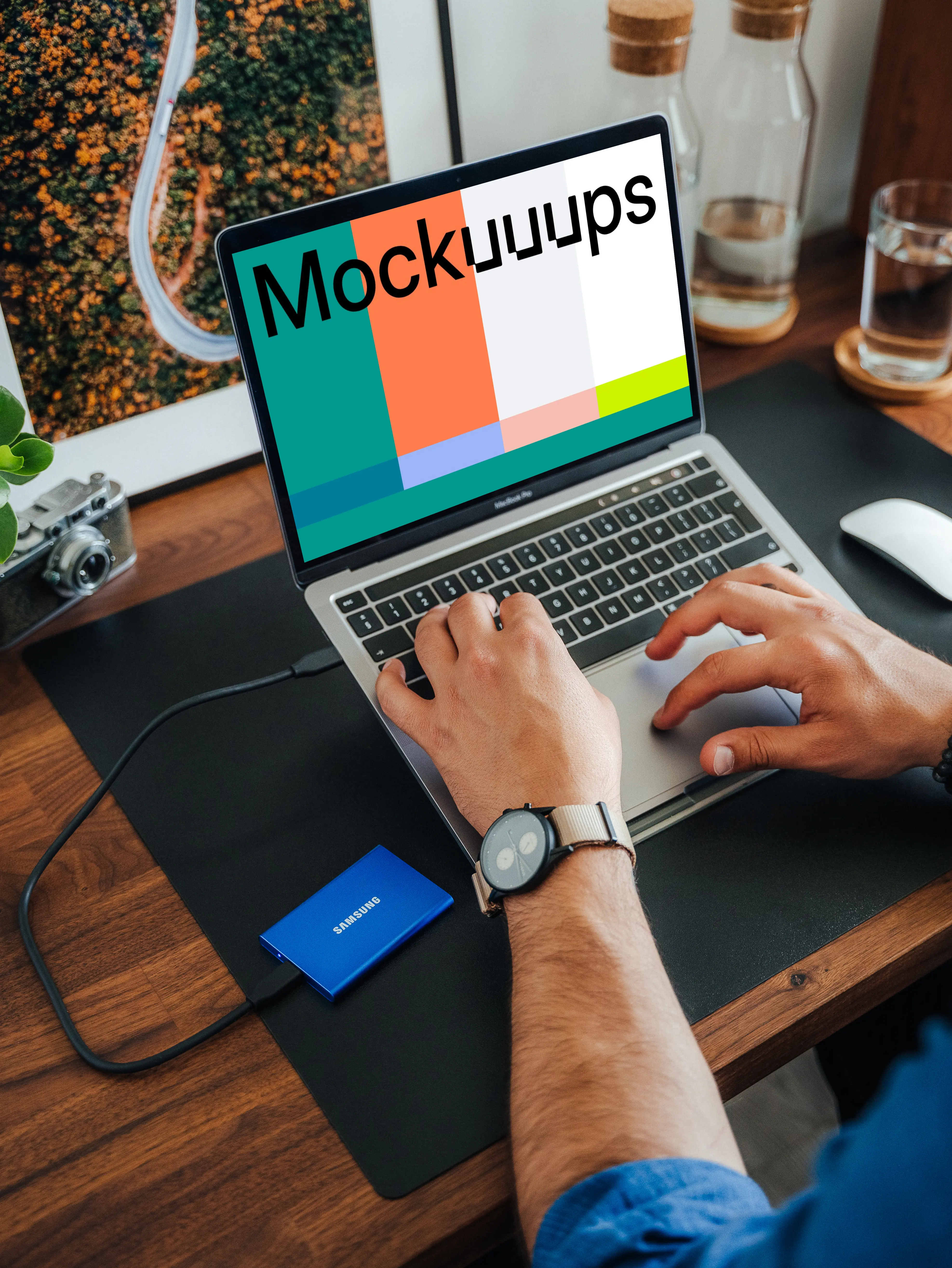 Male hands working on a MacBook Pro 13 mockup