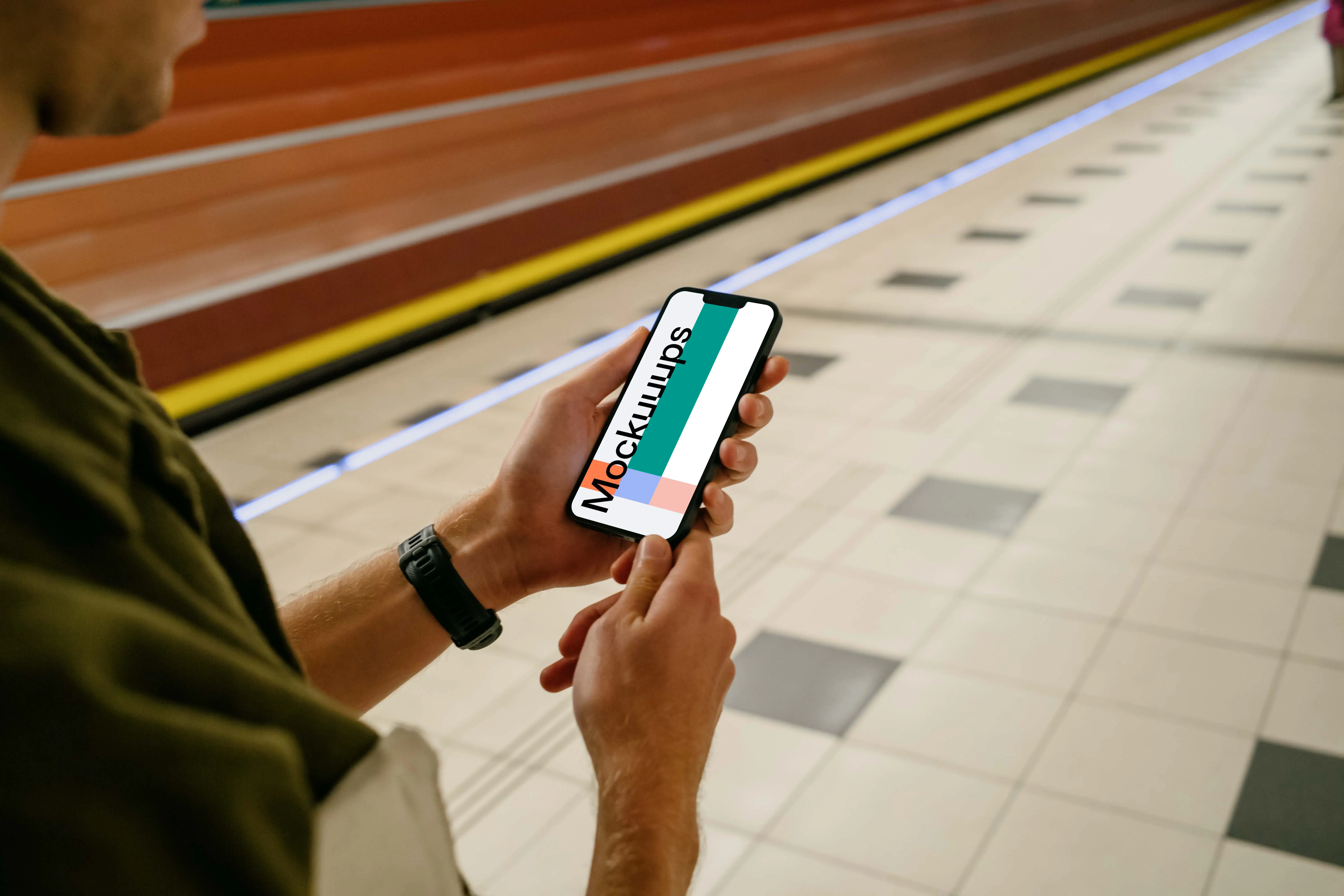 Man holding phone mockup at the subway station