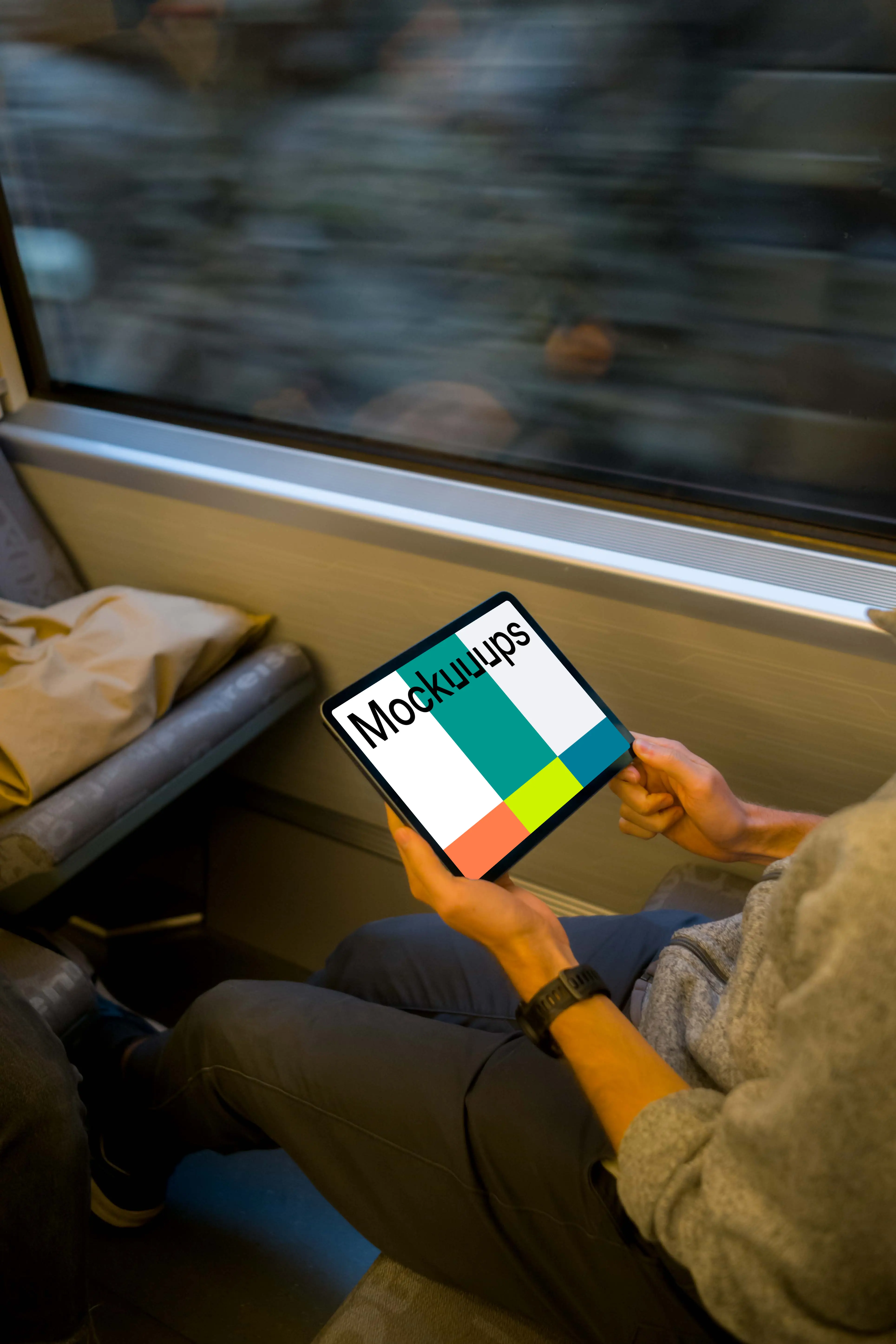Passenger holding tablet mockup on the train