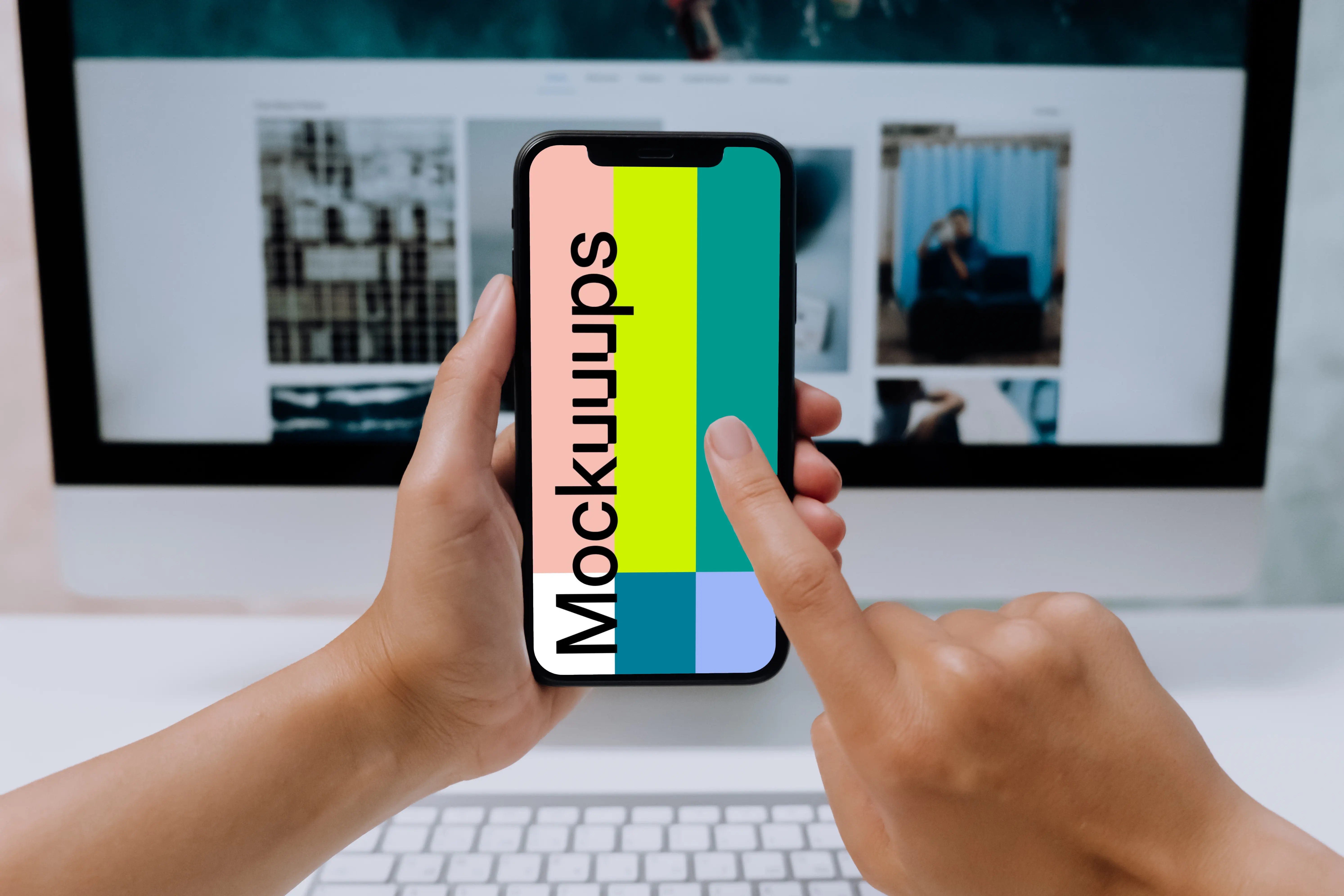 Person hands typing on an iPhone 12 mockup