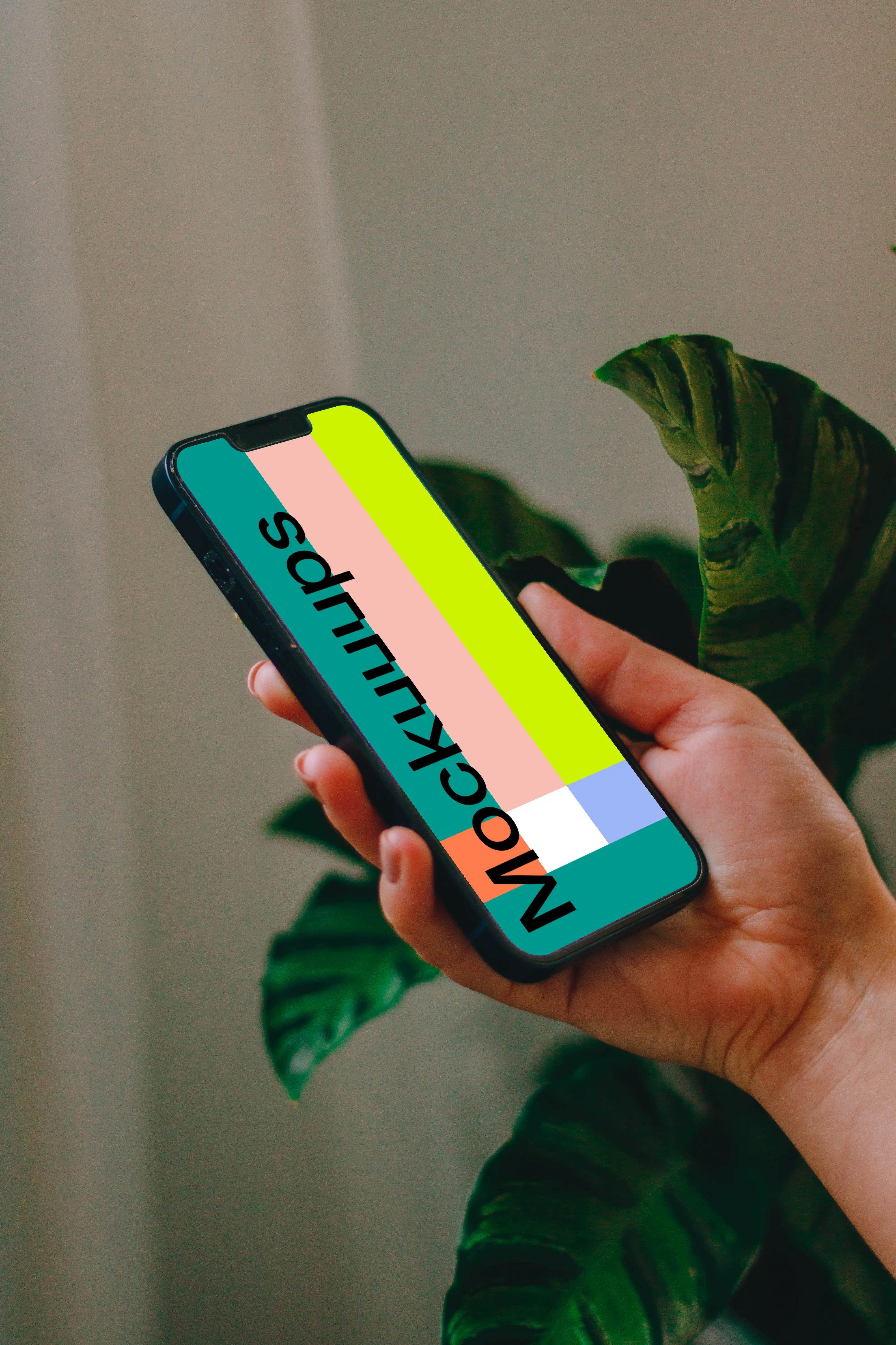 Person holding an iPhone 13 mockup with a plant in the background