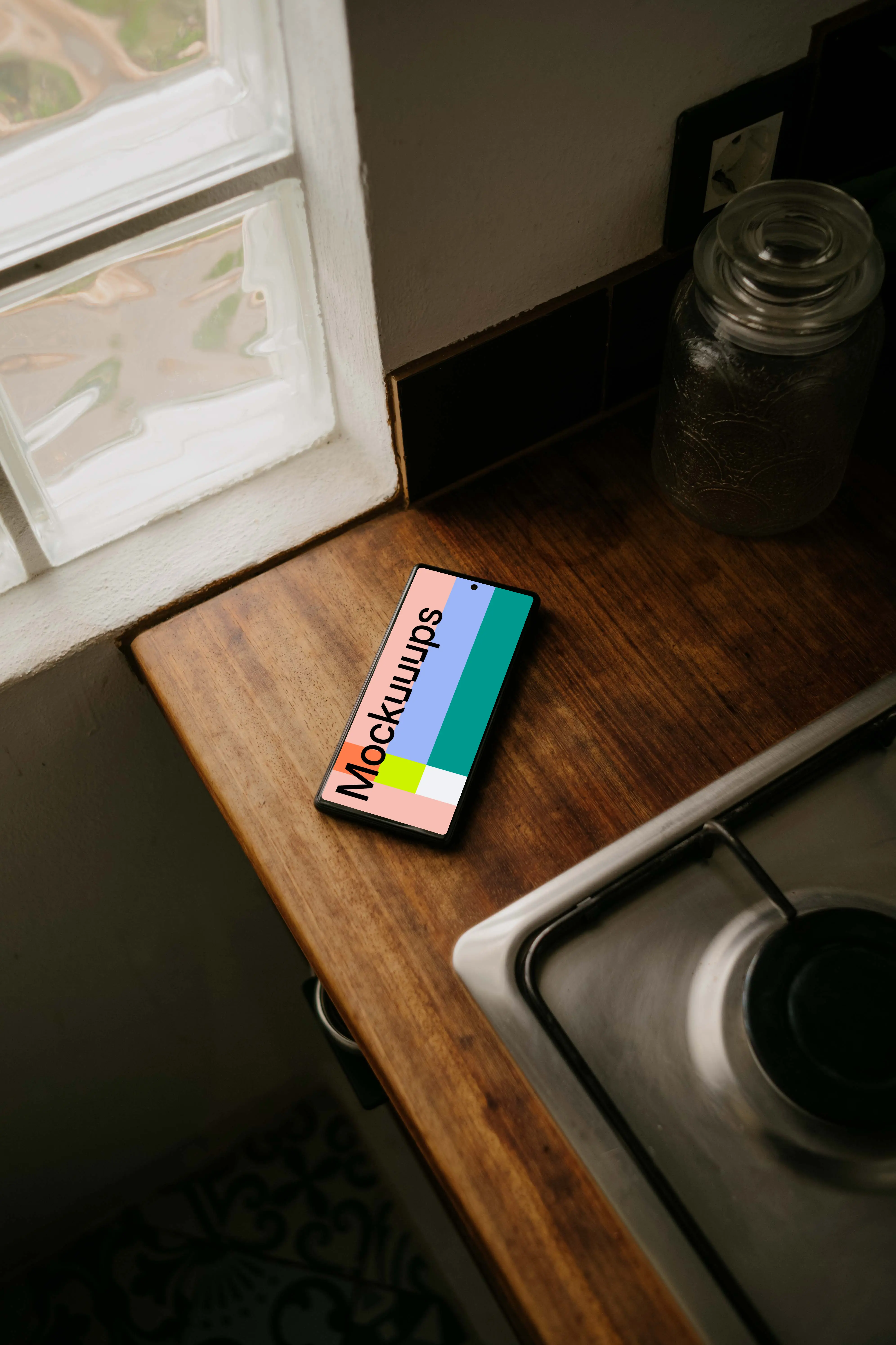 Pixel 6 mockup on a kitchen counter