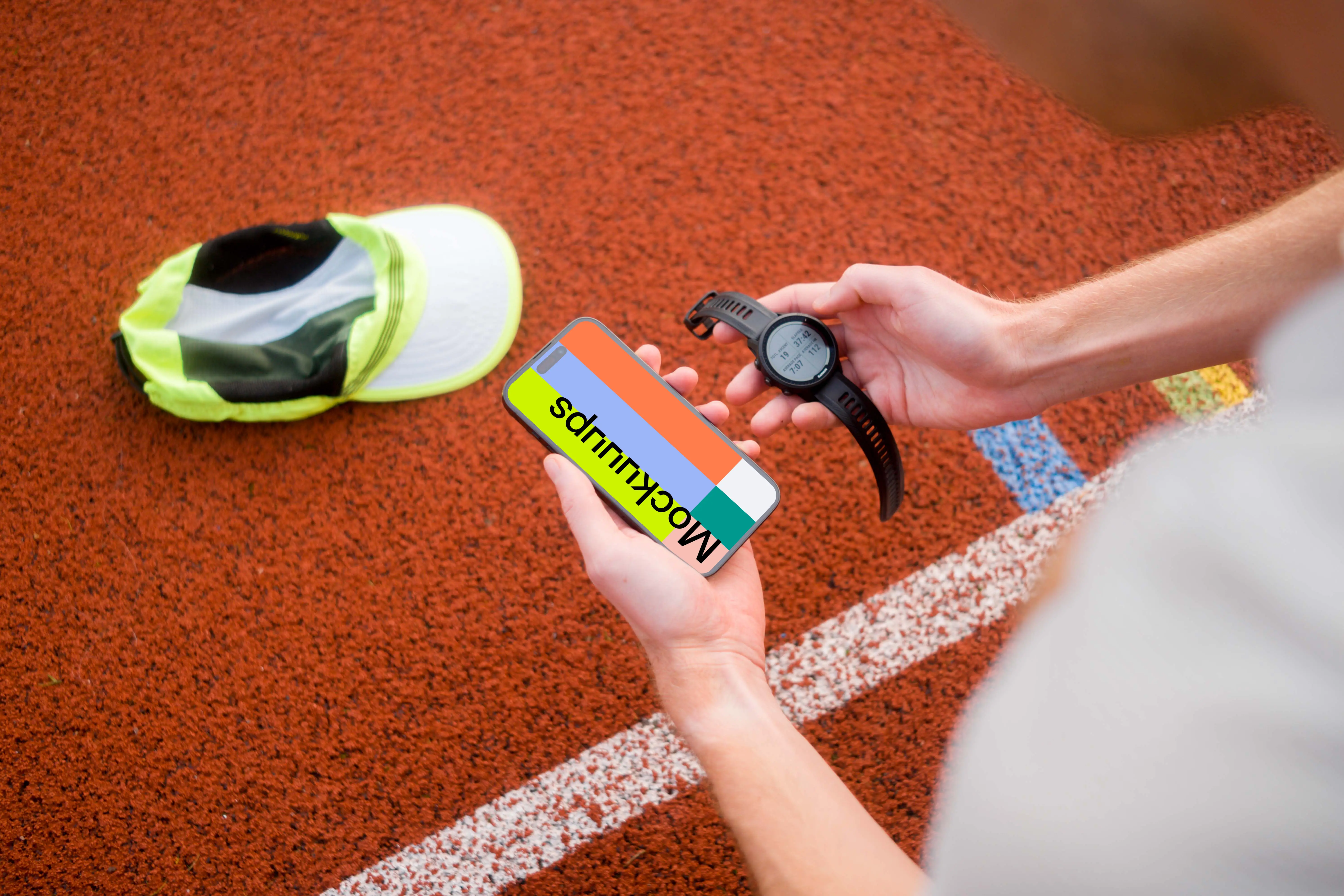 Runner holding sport watches and iPhone 14 Pro mockup