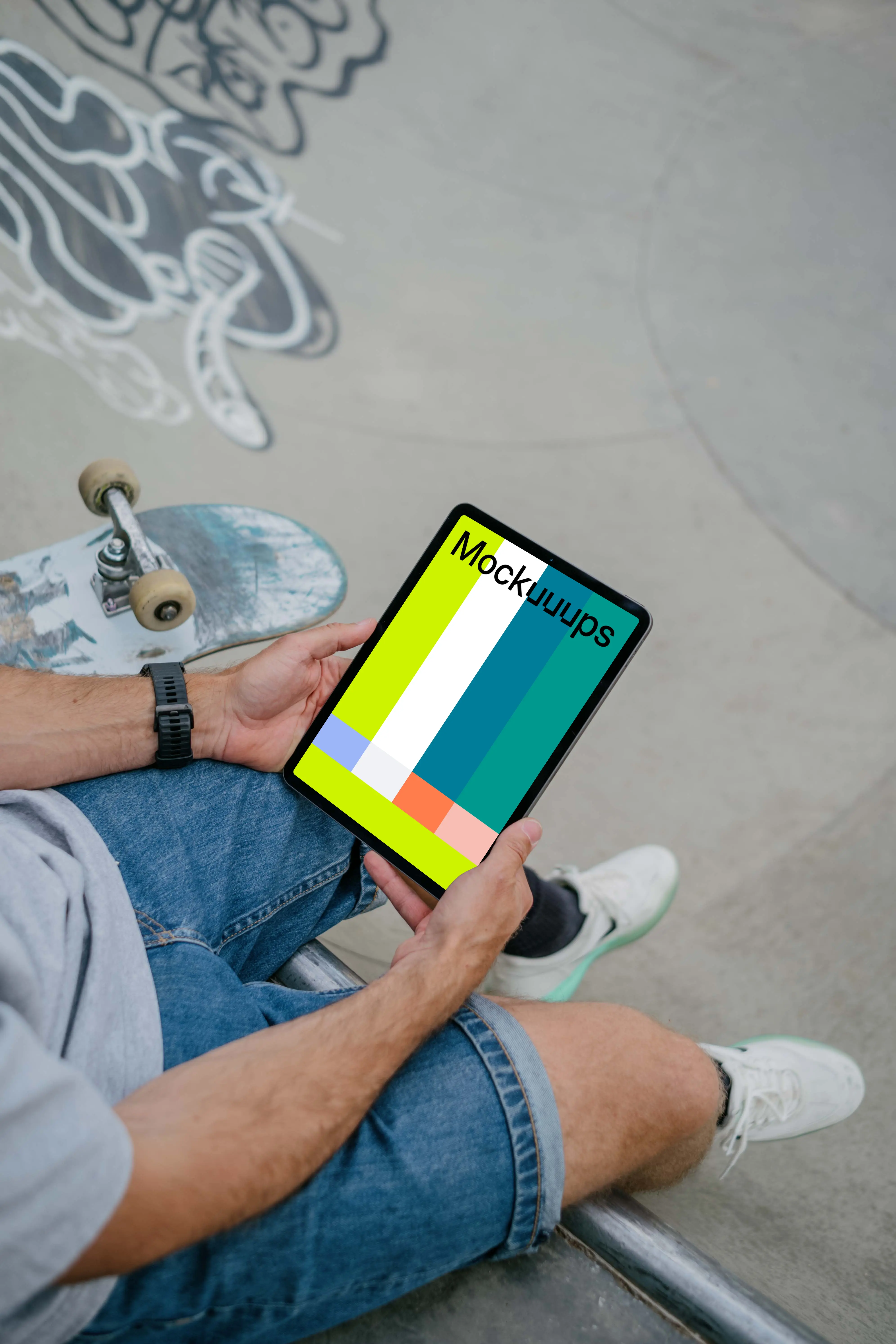 Skateboarder holding a tablet mockup