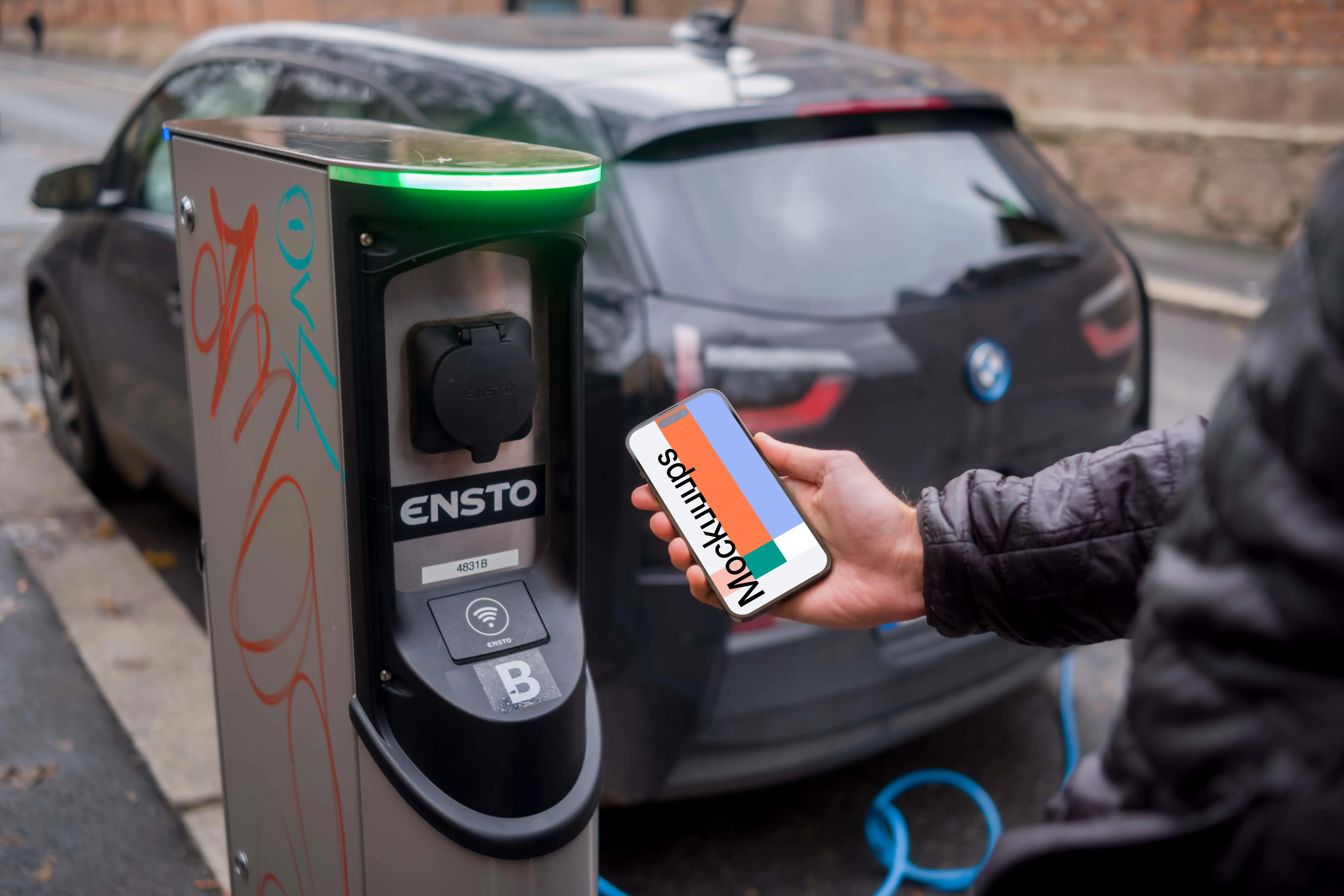 Smartphone mockup and electric car