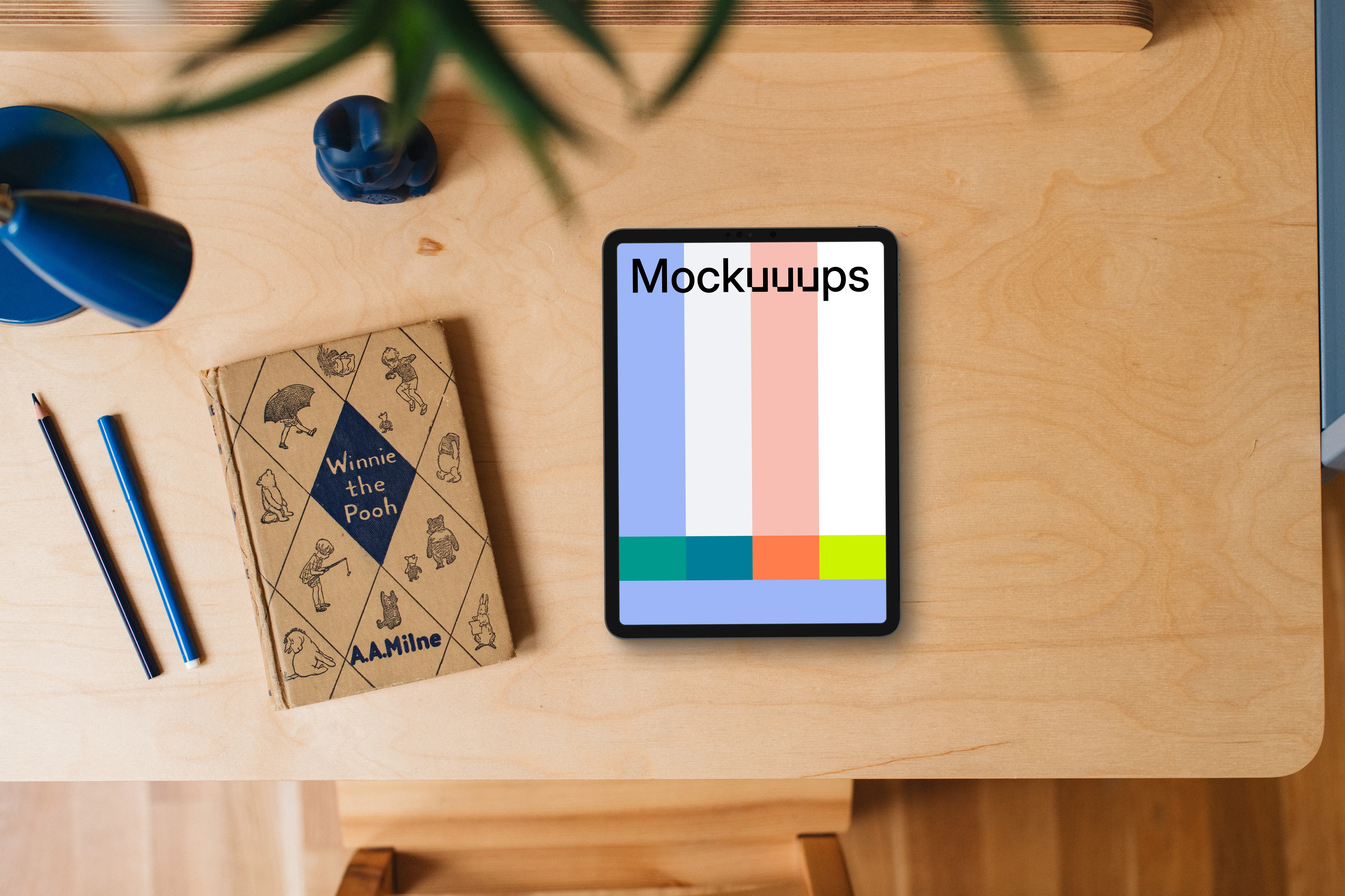 Tablet mockup on a child's wooden desk