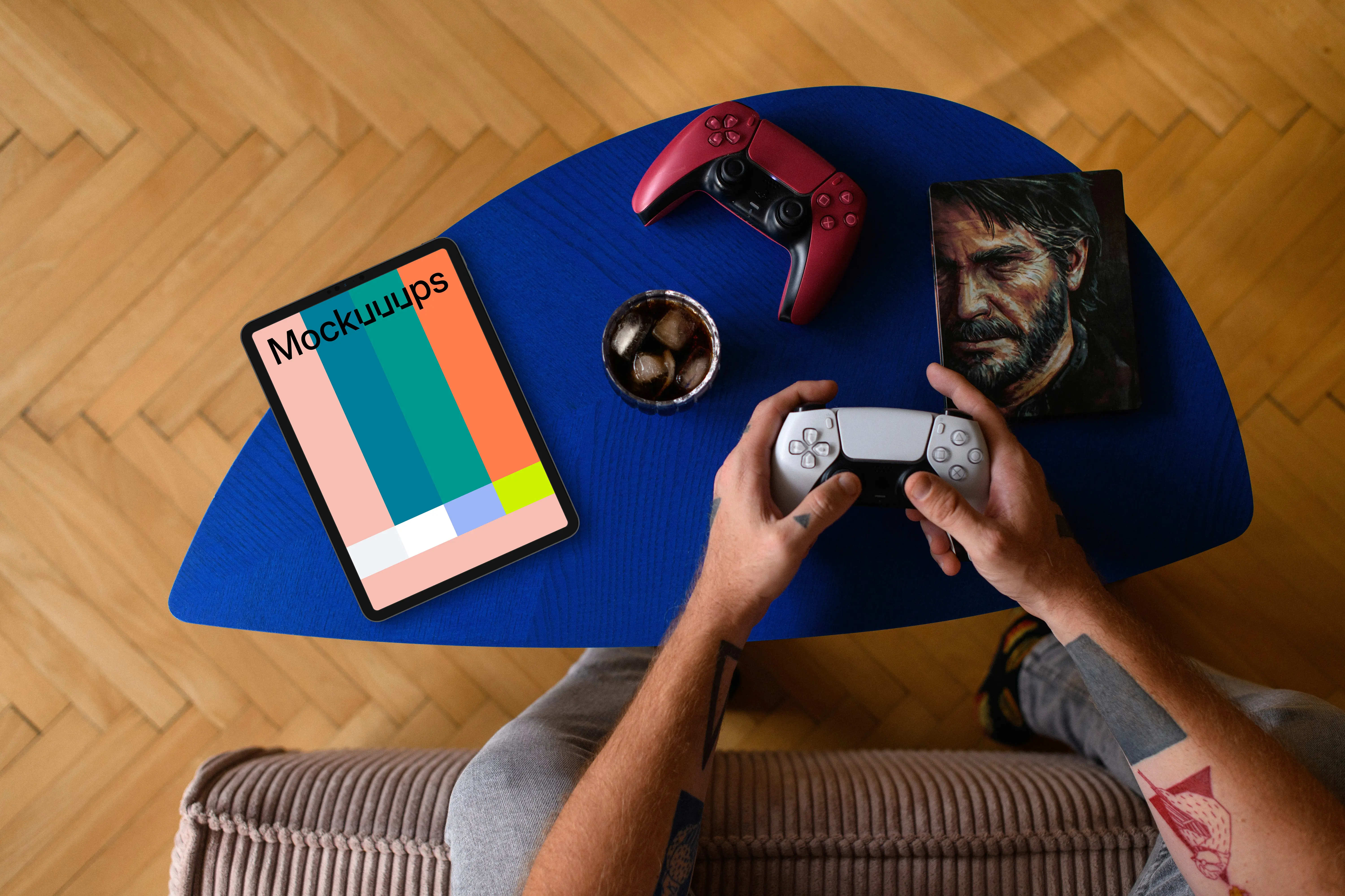Tablet mockup on a cozy gamer's coffee table