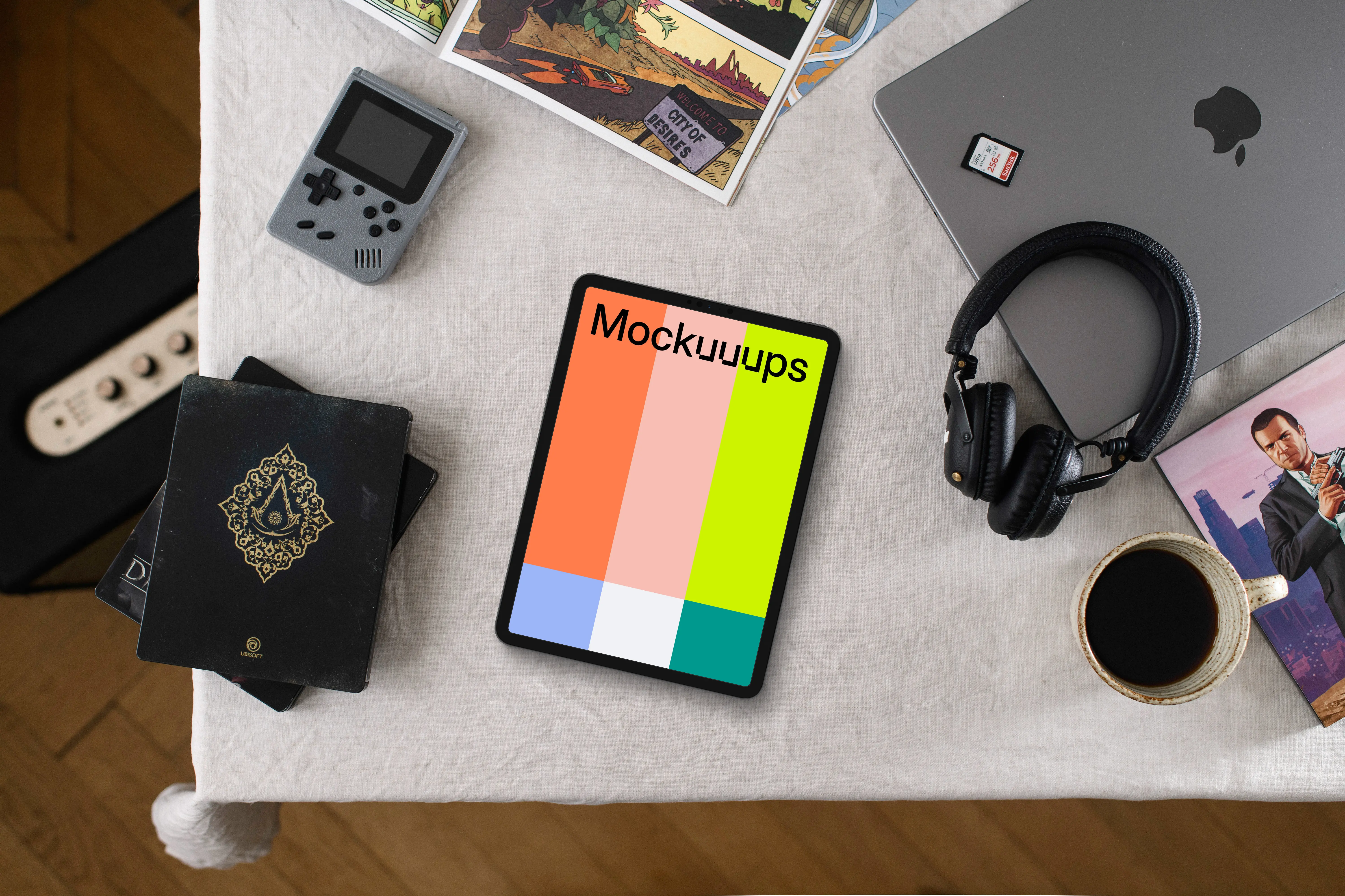 Tablet mockup on a creative's textured table