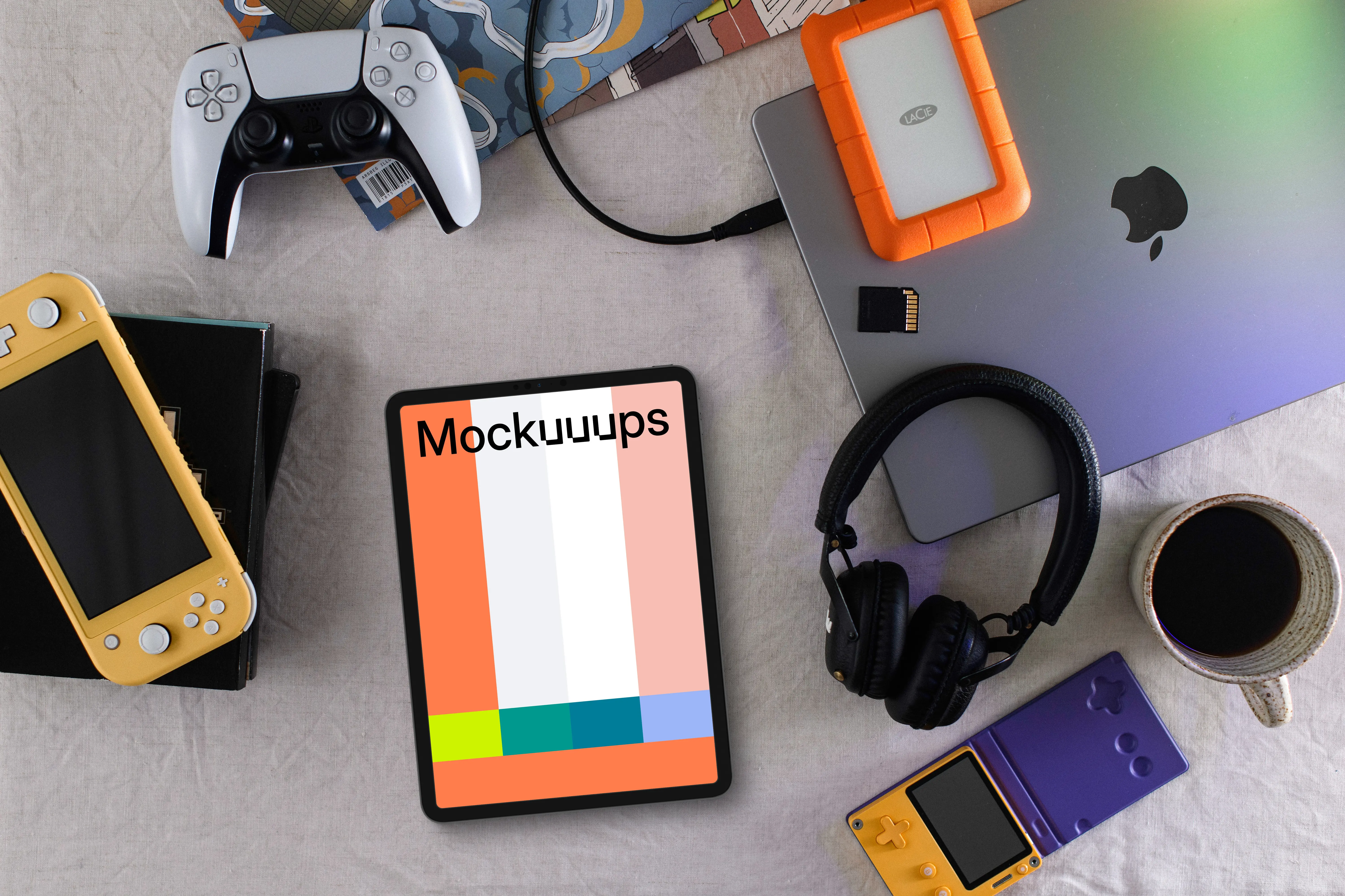 Tablet mockup on a tech-savvy gamer's desk