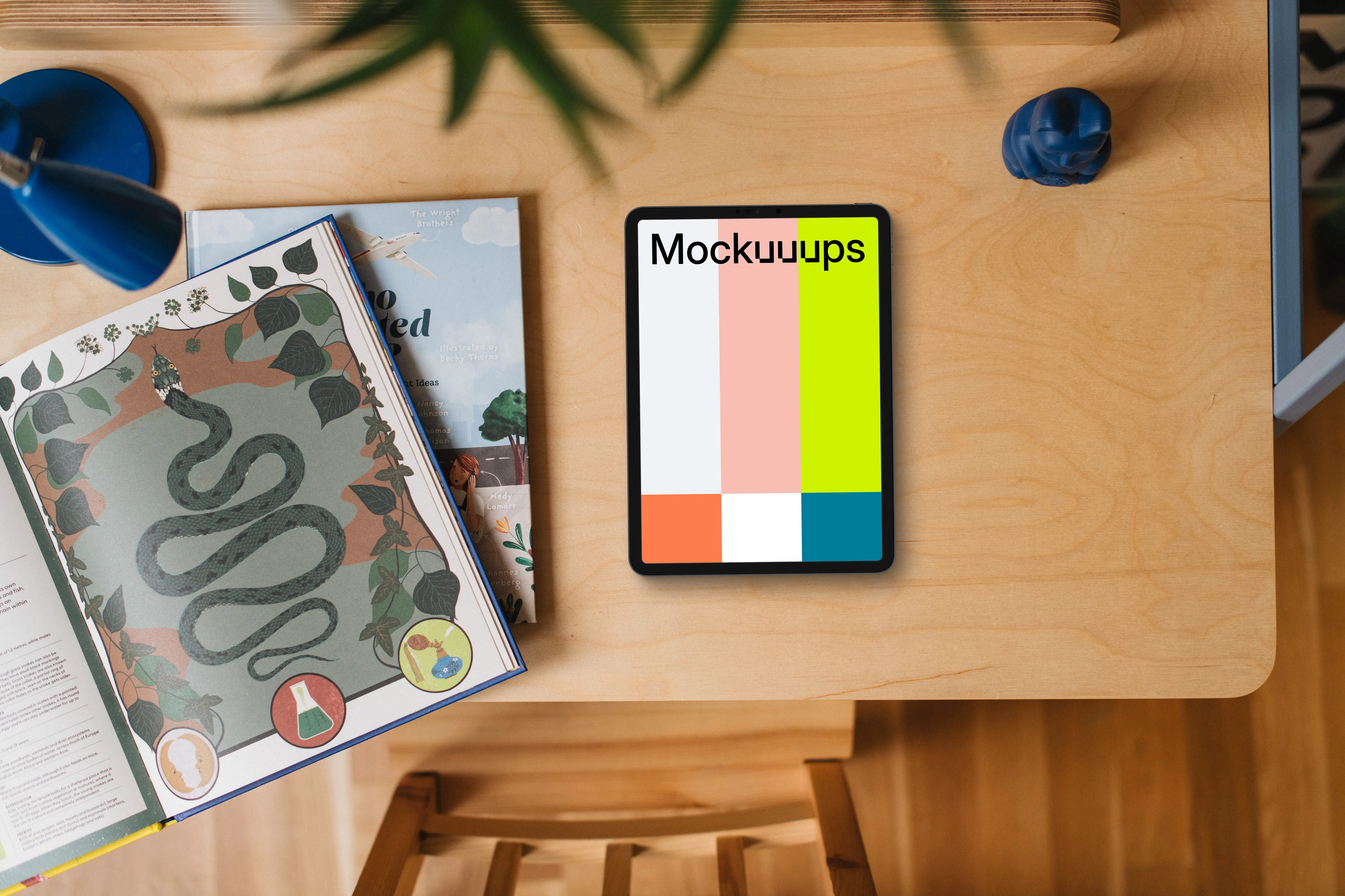 Tablet mockup on kid-friendly creative table