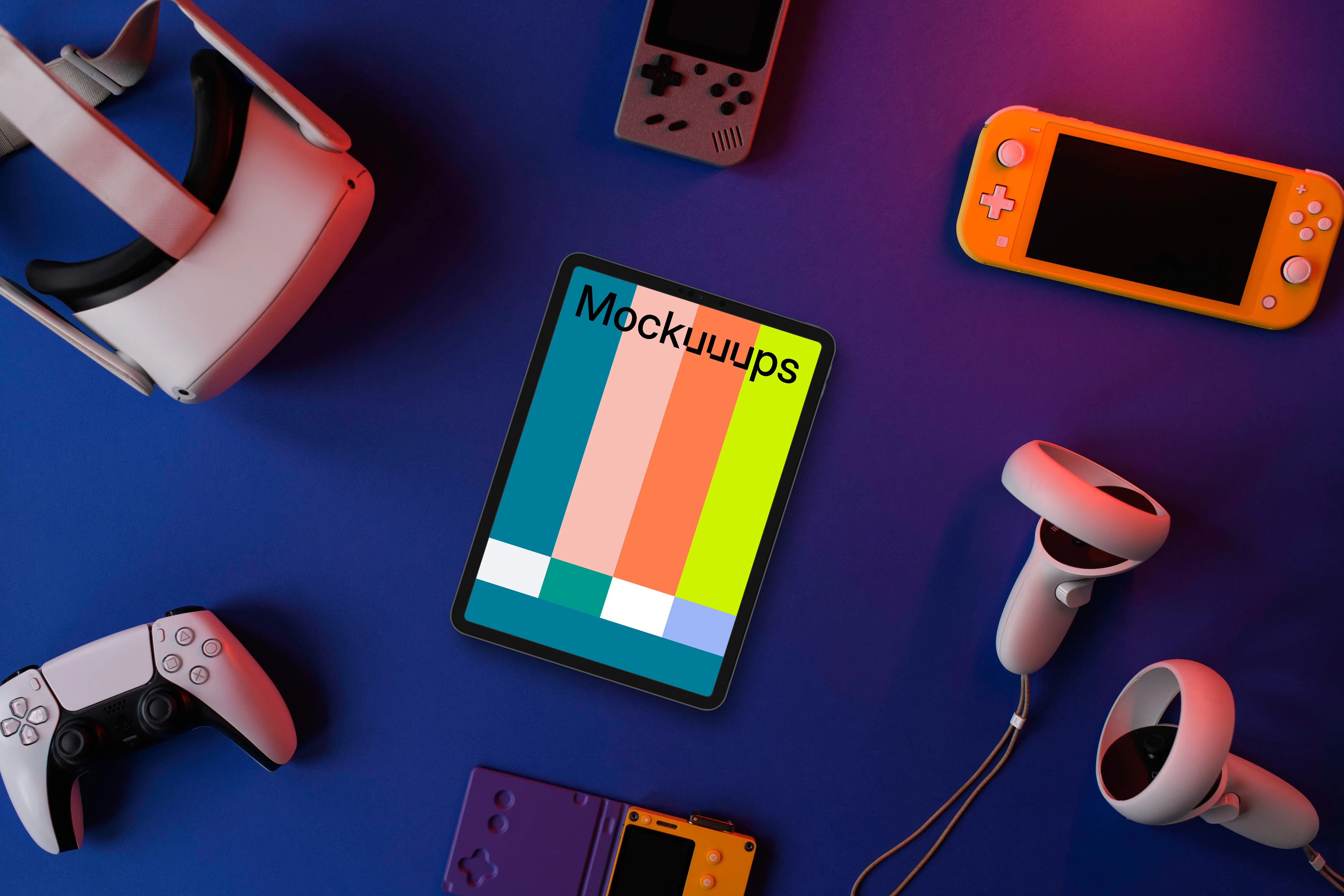 Tablet mockup surrounded by gaming gadgets on a violet surface