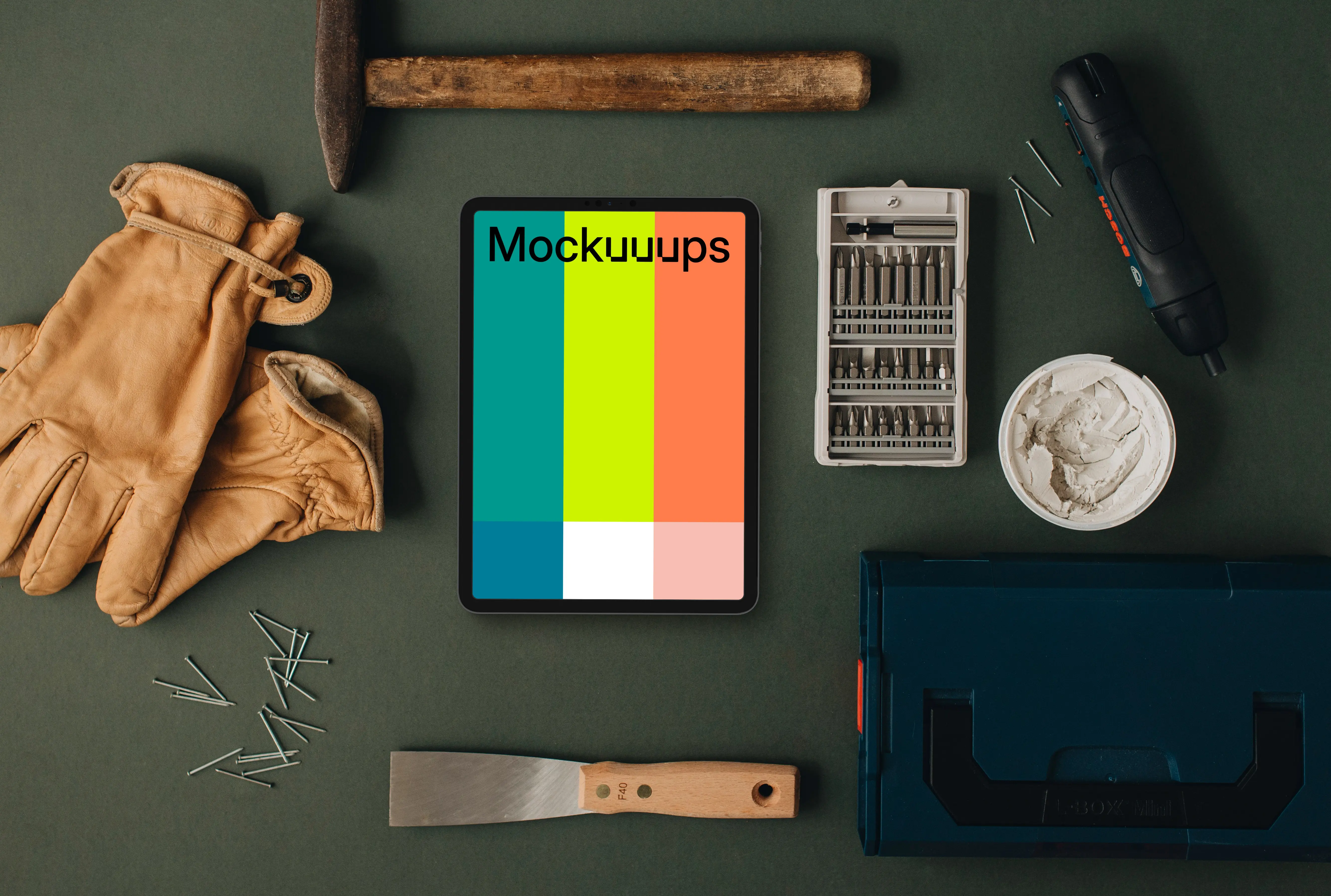 Tablet mockup with essential workshop supplies