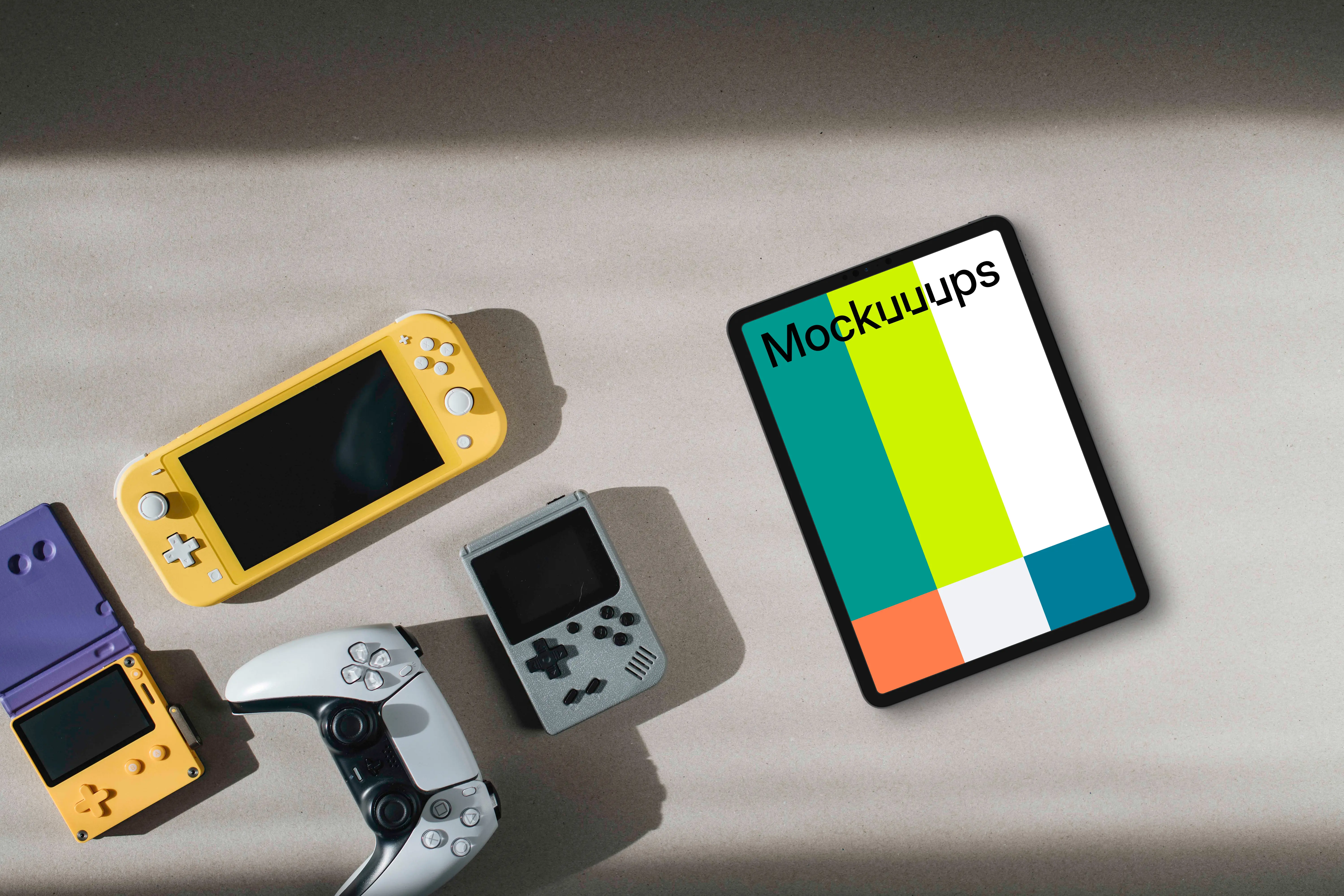 Tablet mockup with gaming consoles on a neutral background