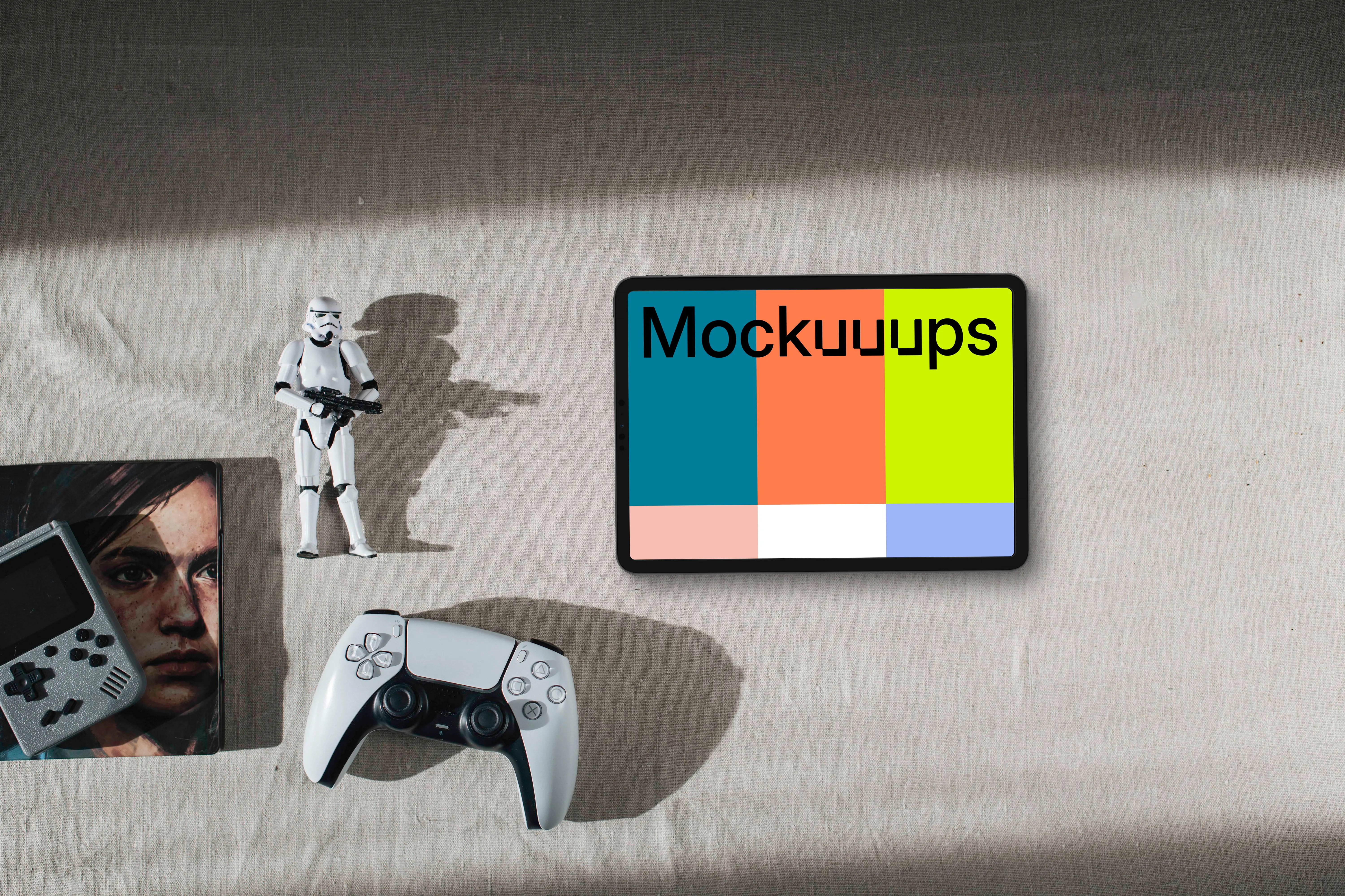 Tablet mockup with gaming theme and collectibles