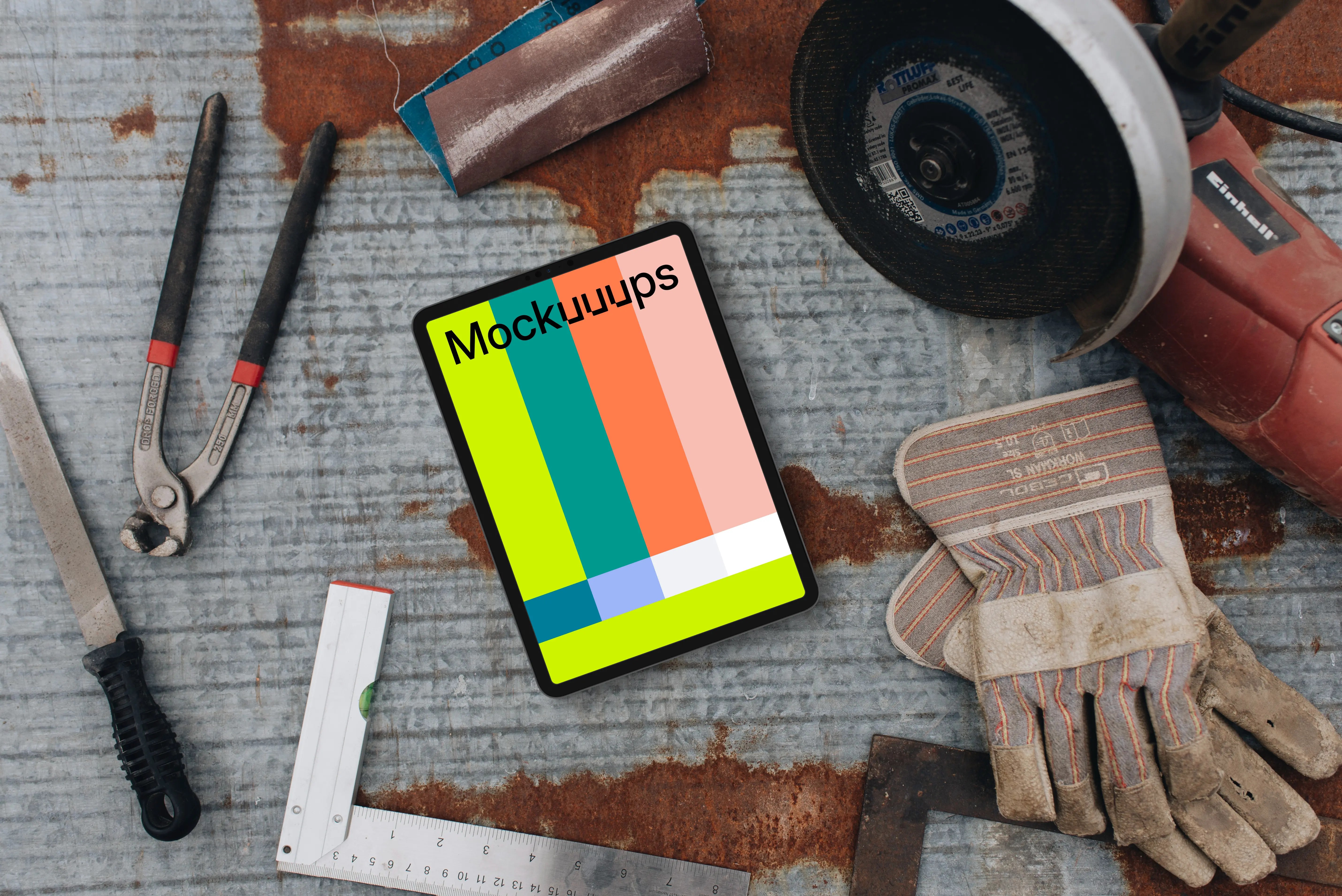 Tablet mockup with mechanic tools