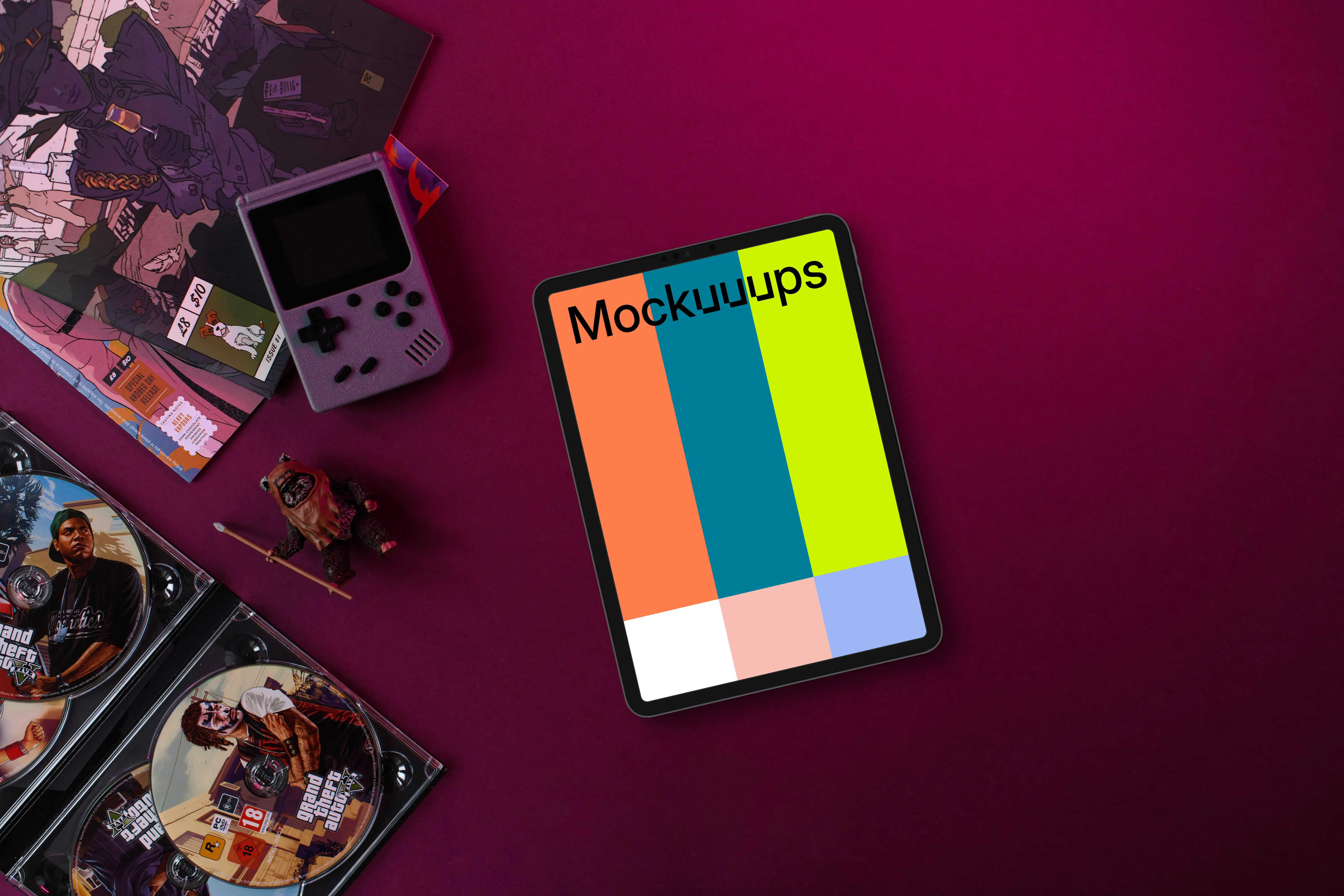 Tablet mockup with retro gaming and music theme