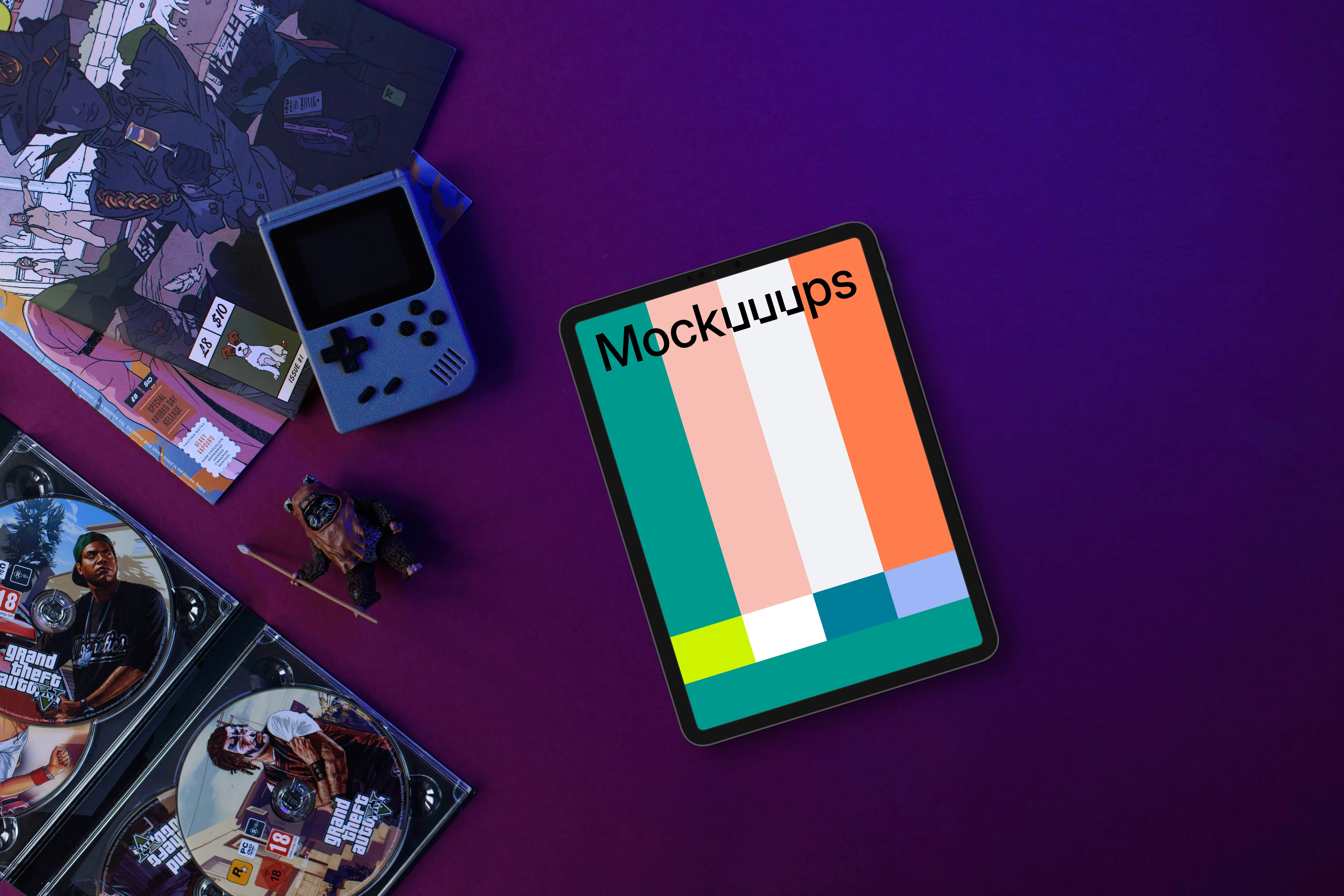 Tablet mockup with retro gaming theme