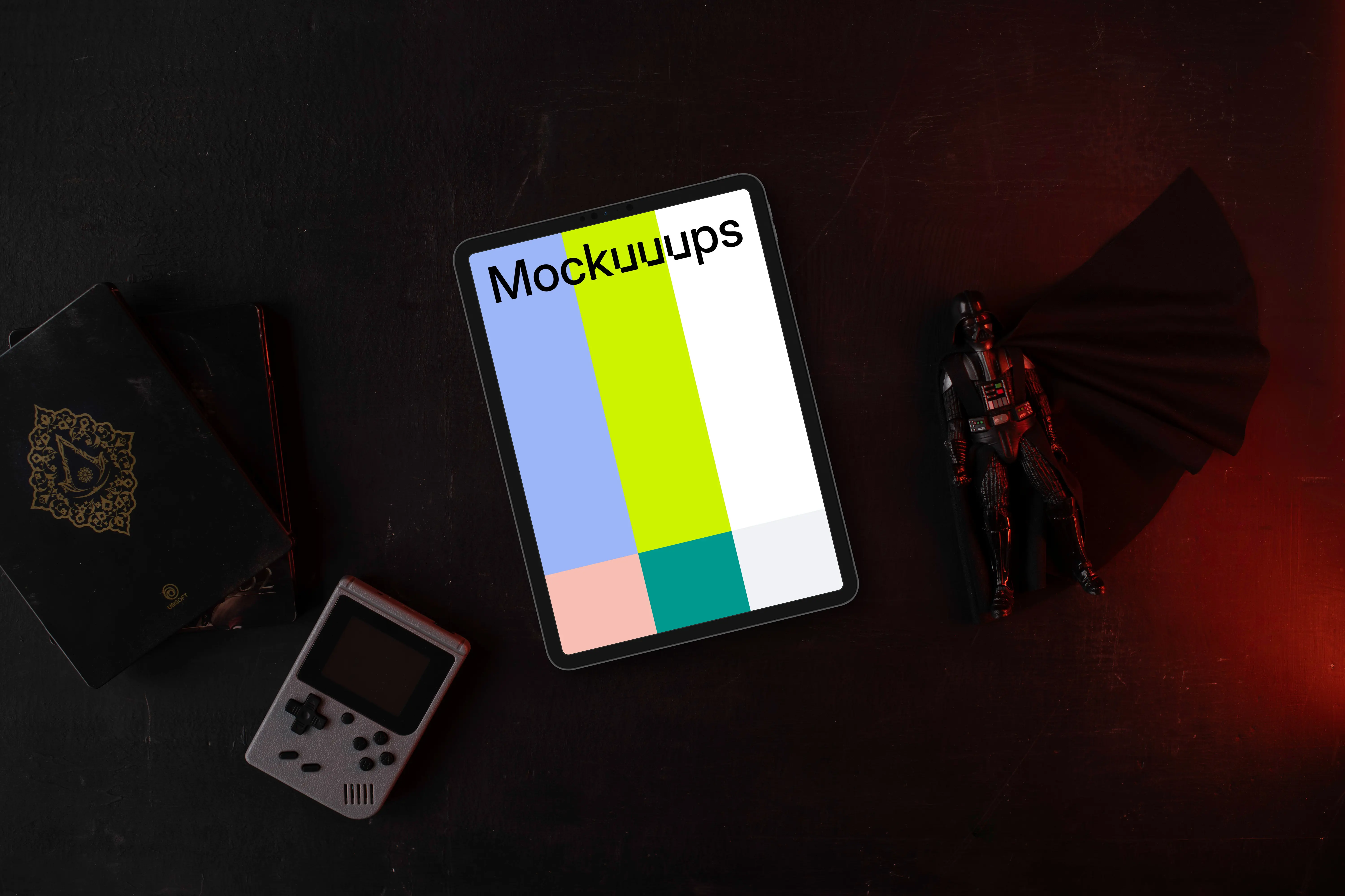 Tablet mockup with themed collectibles on dark background