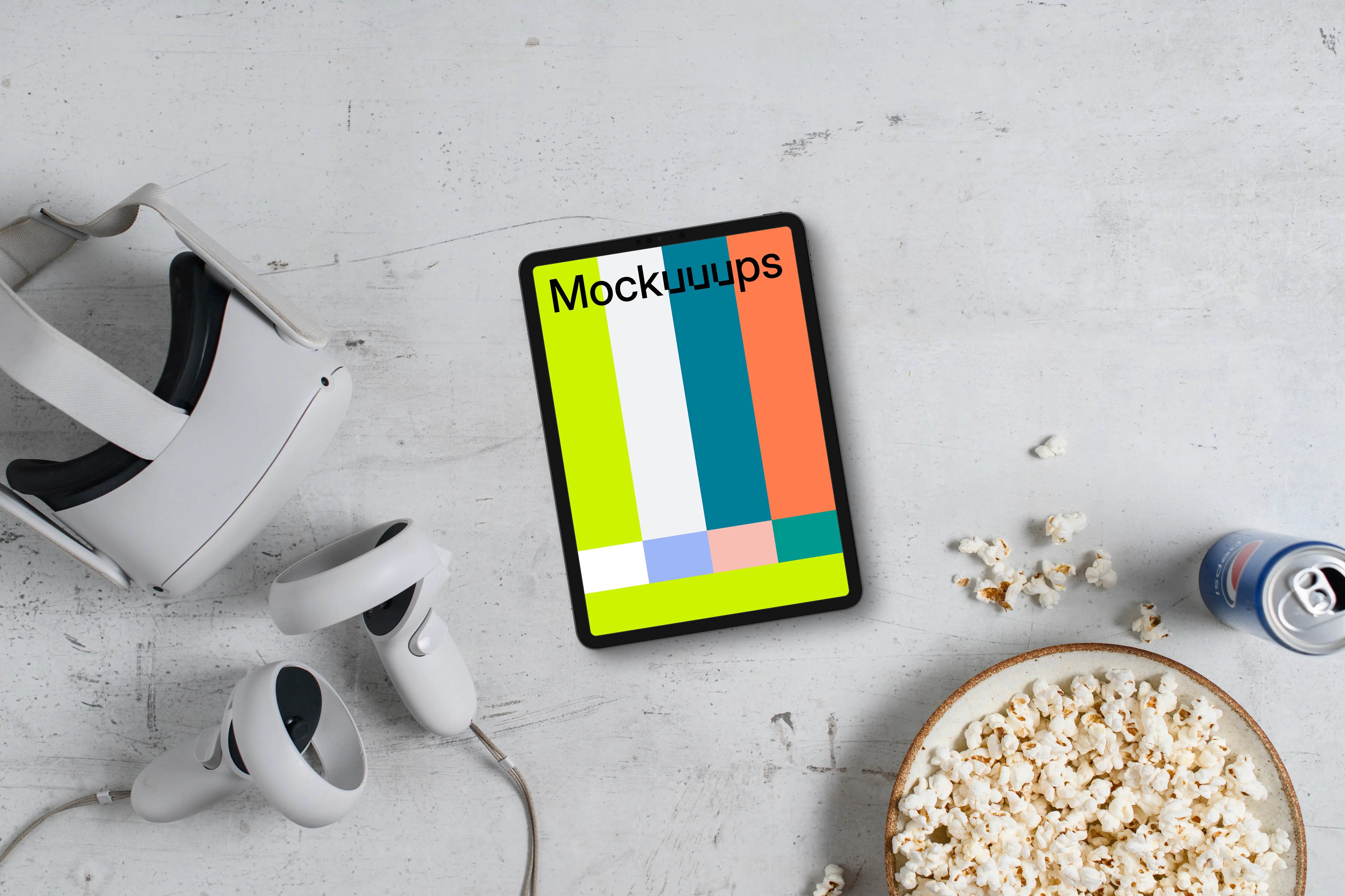 Tablet mockup with VR gear and gaming accessories