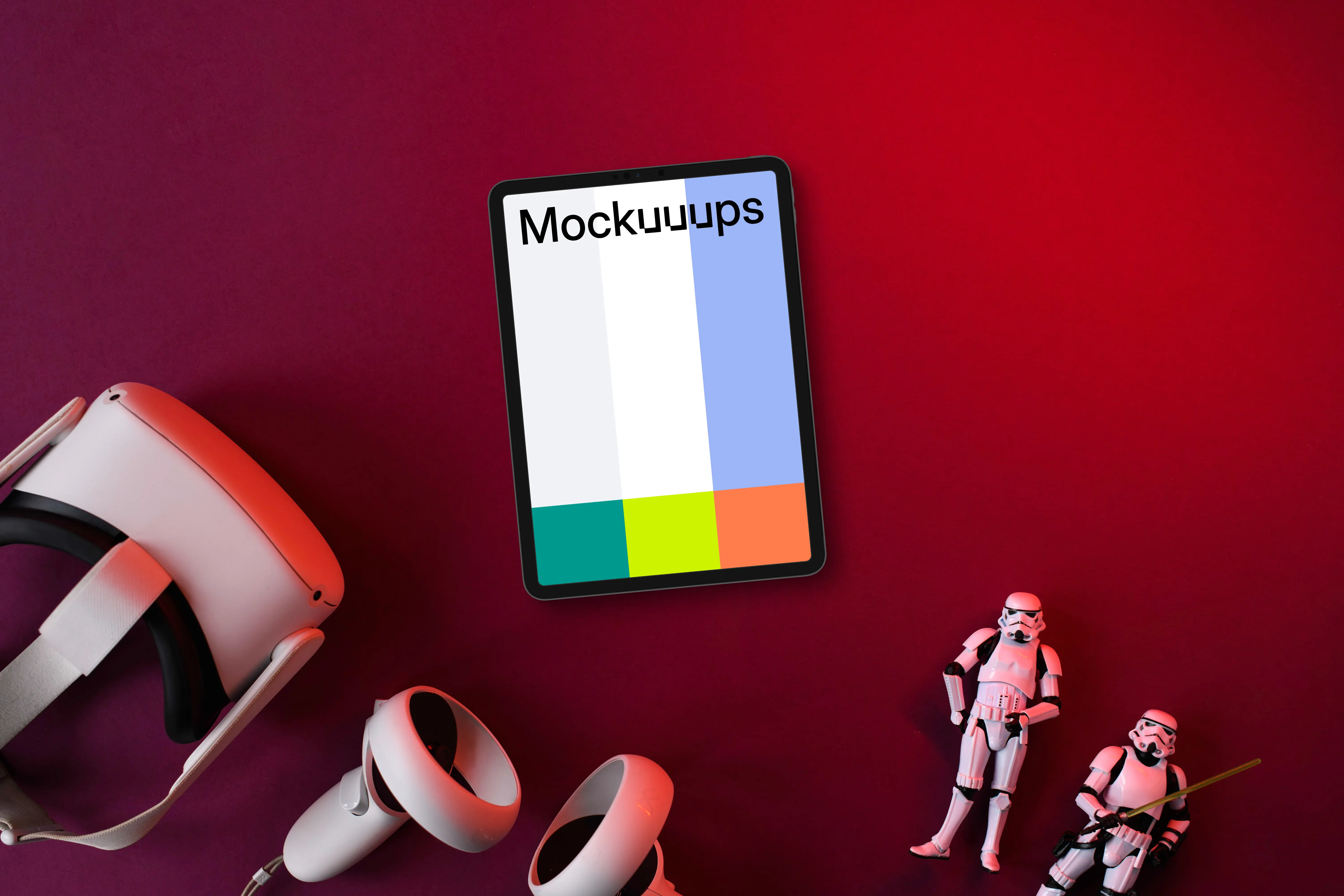 Tablet mockup with VR headset and action figures on burgundy backdrop