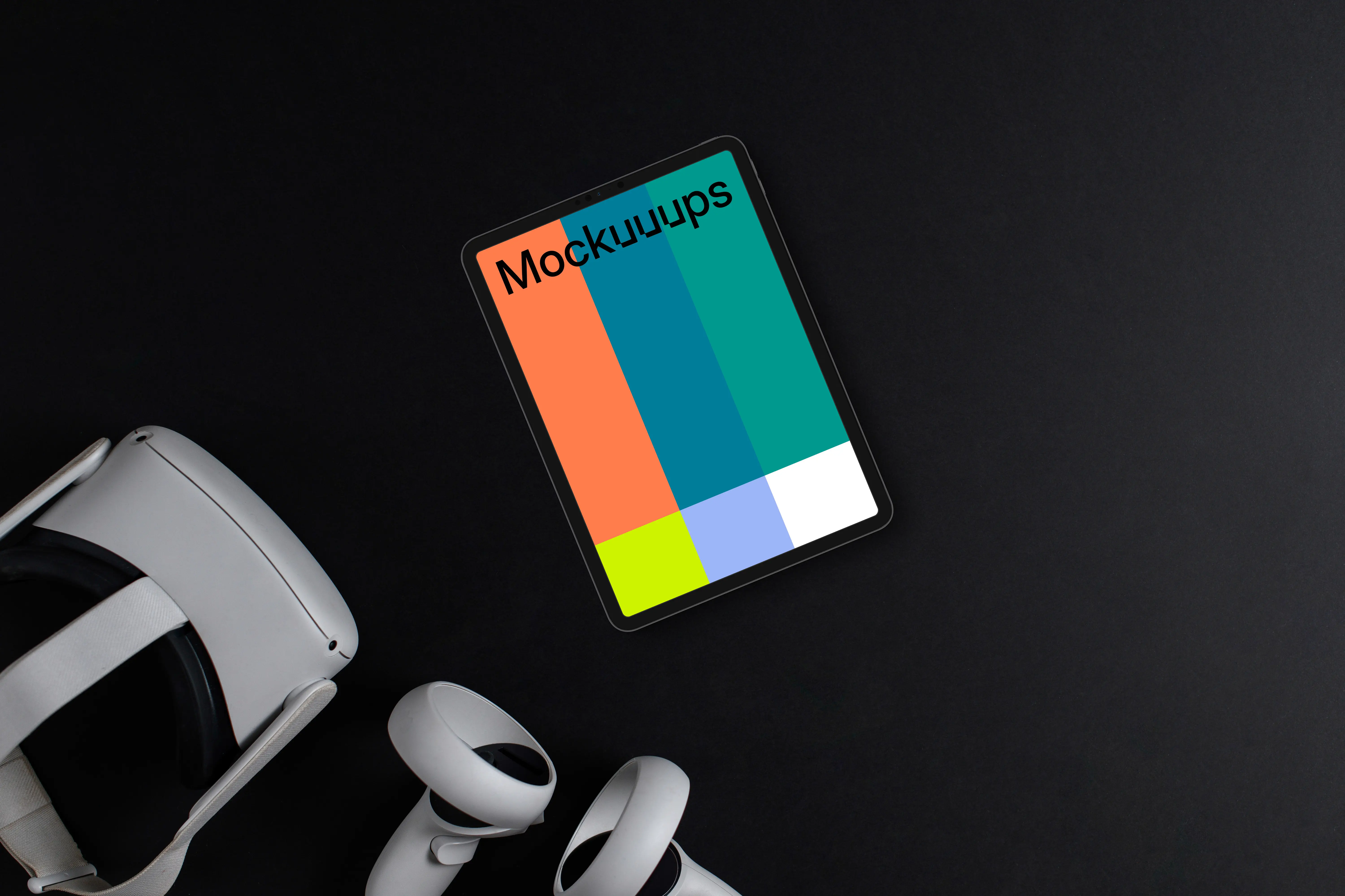 Tablet mockup with VR headset on dark background