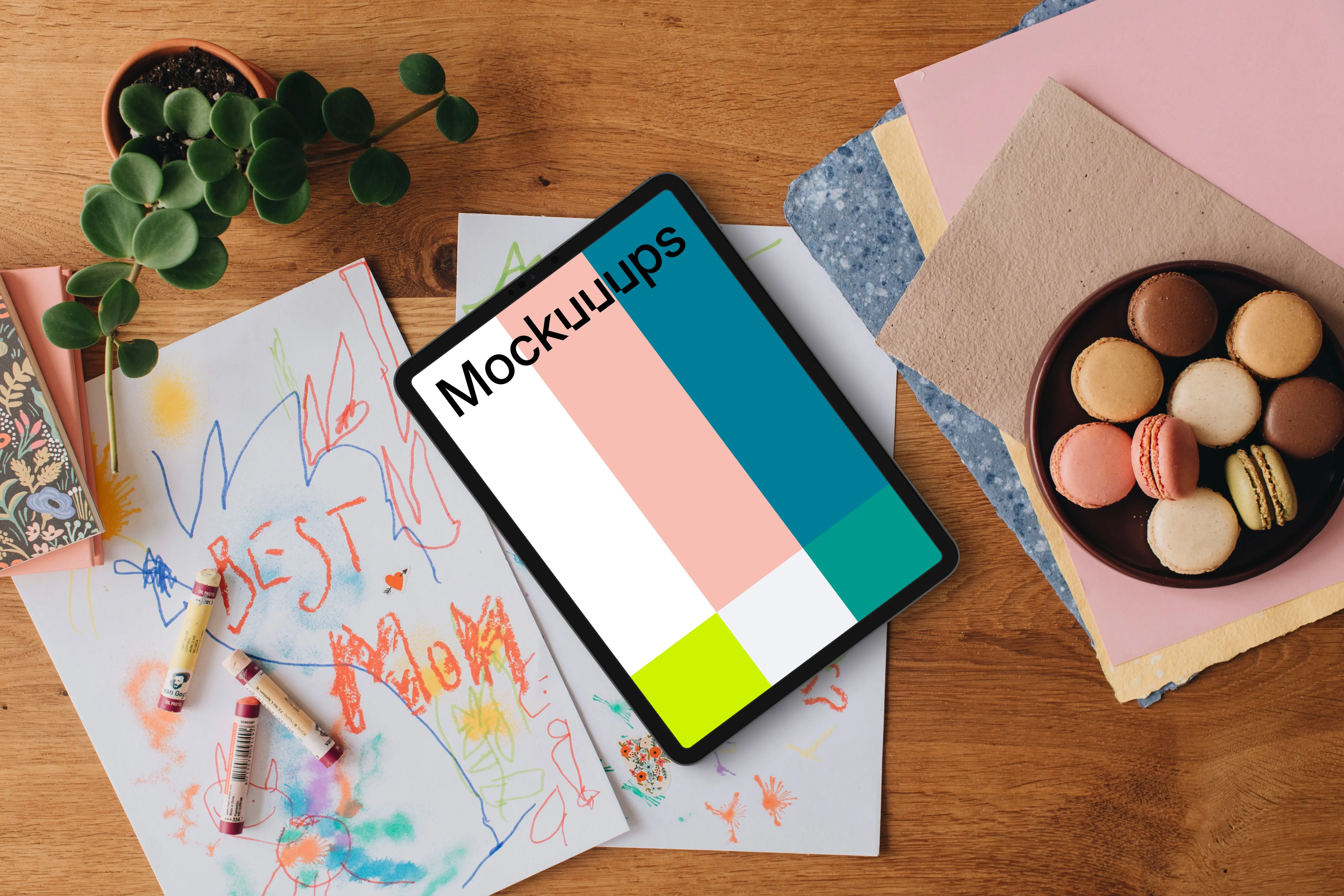 Tablet placed on scratched papers for Mother’s day