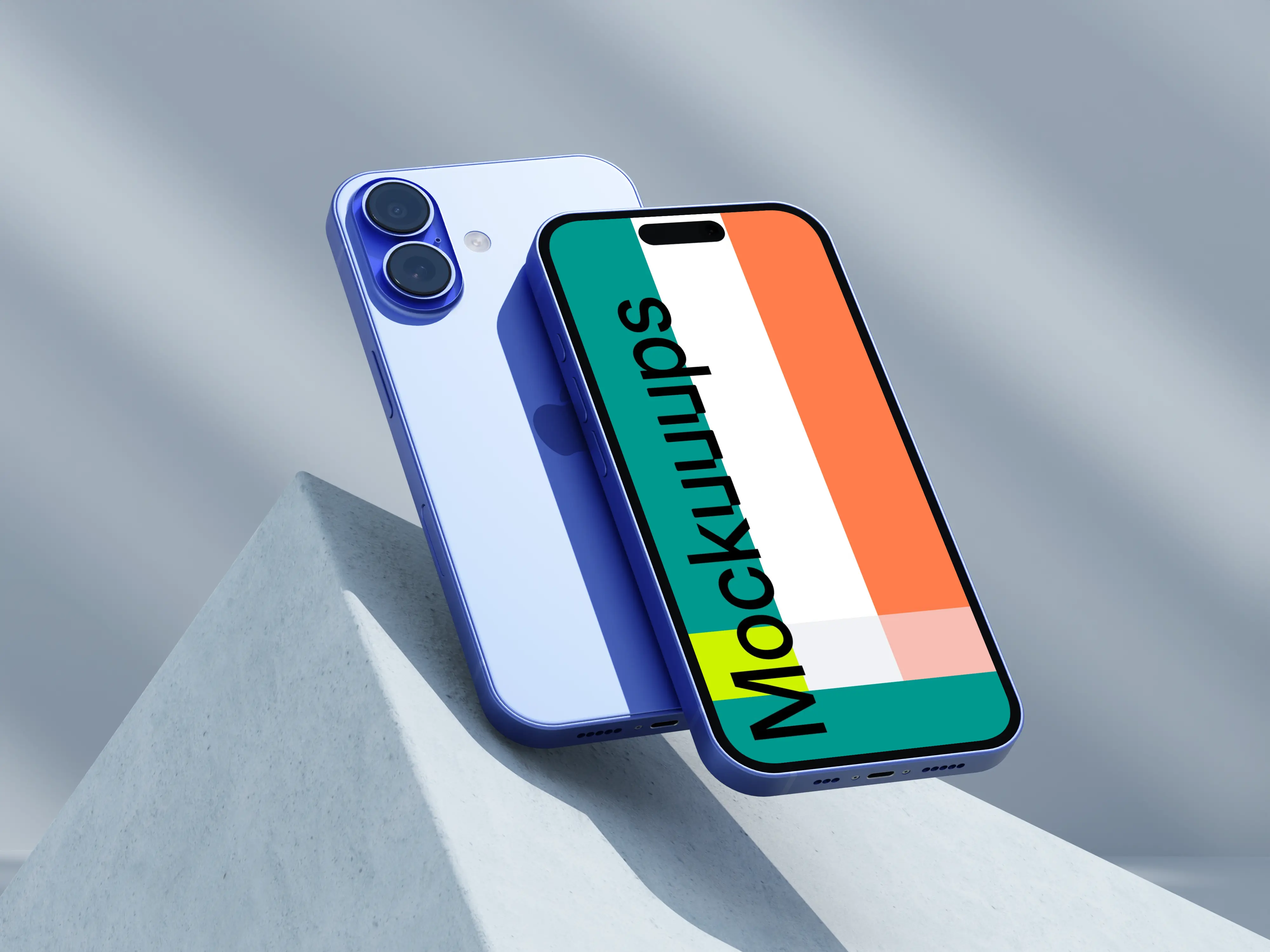 Ultramarine iPhone 16 mockup on geometric shapes