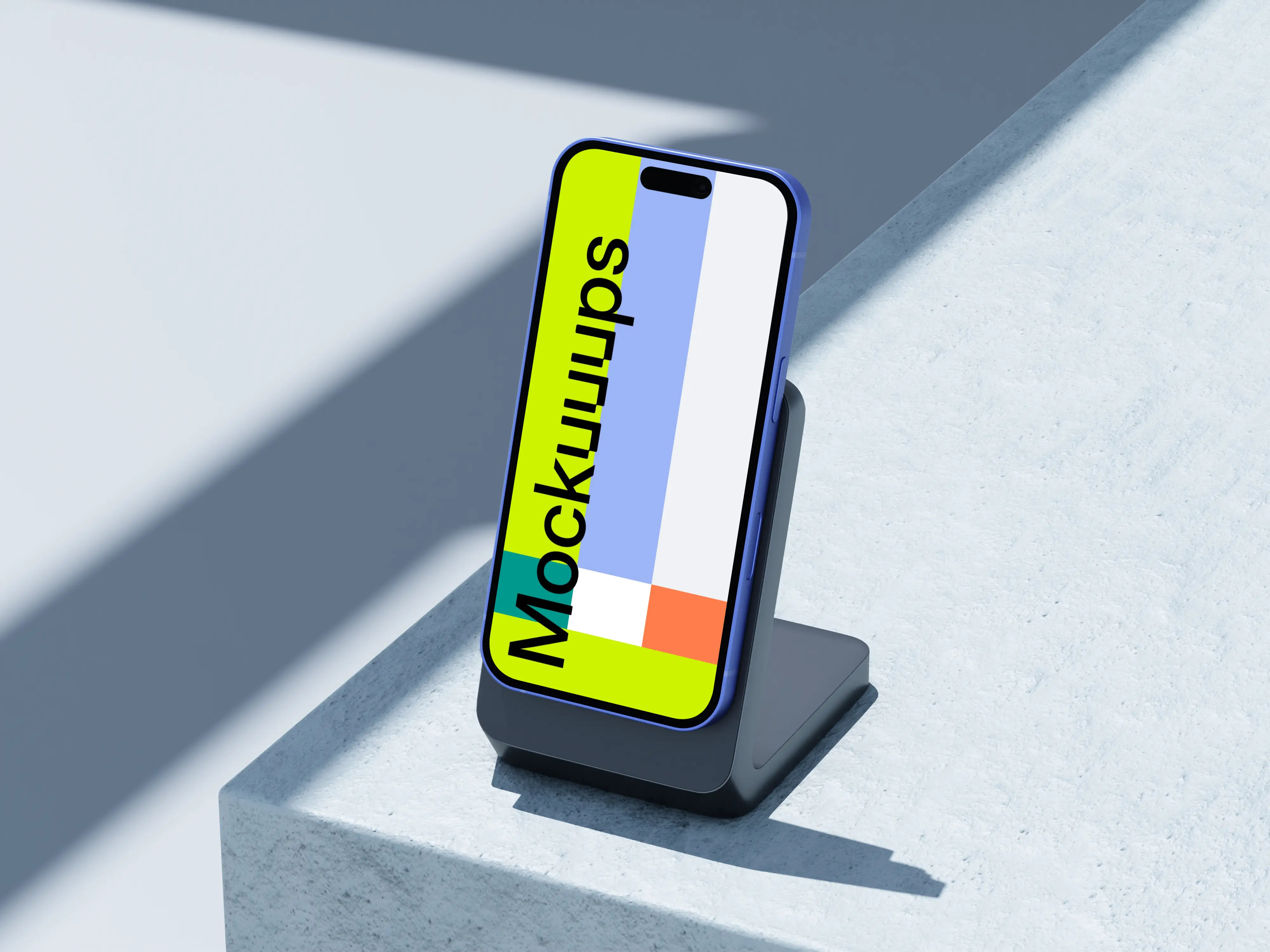 Ultramarine iPhone 16 mockup on modern stand