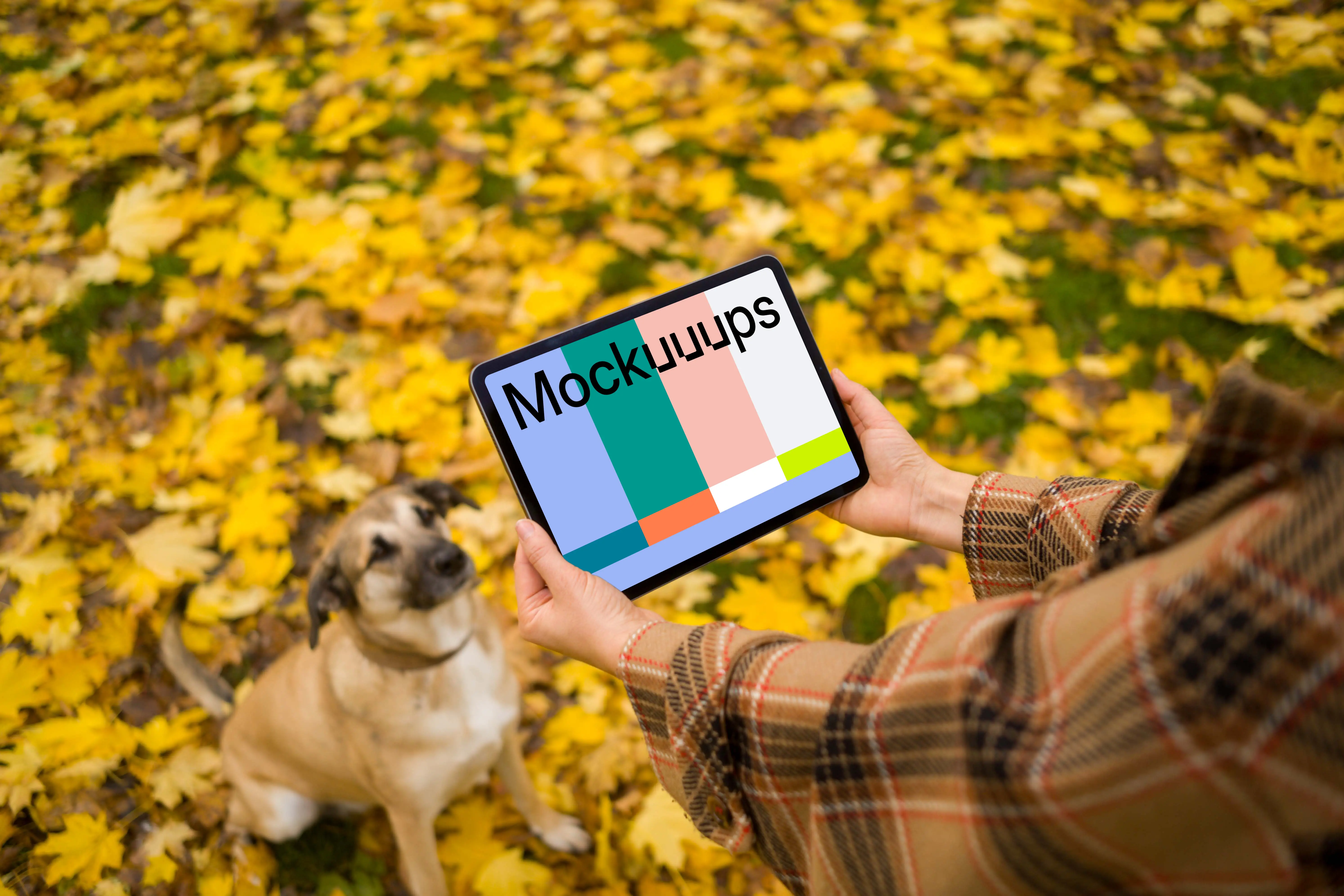Woman hands holding an iPad near cute dog mockup