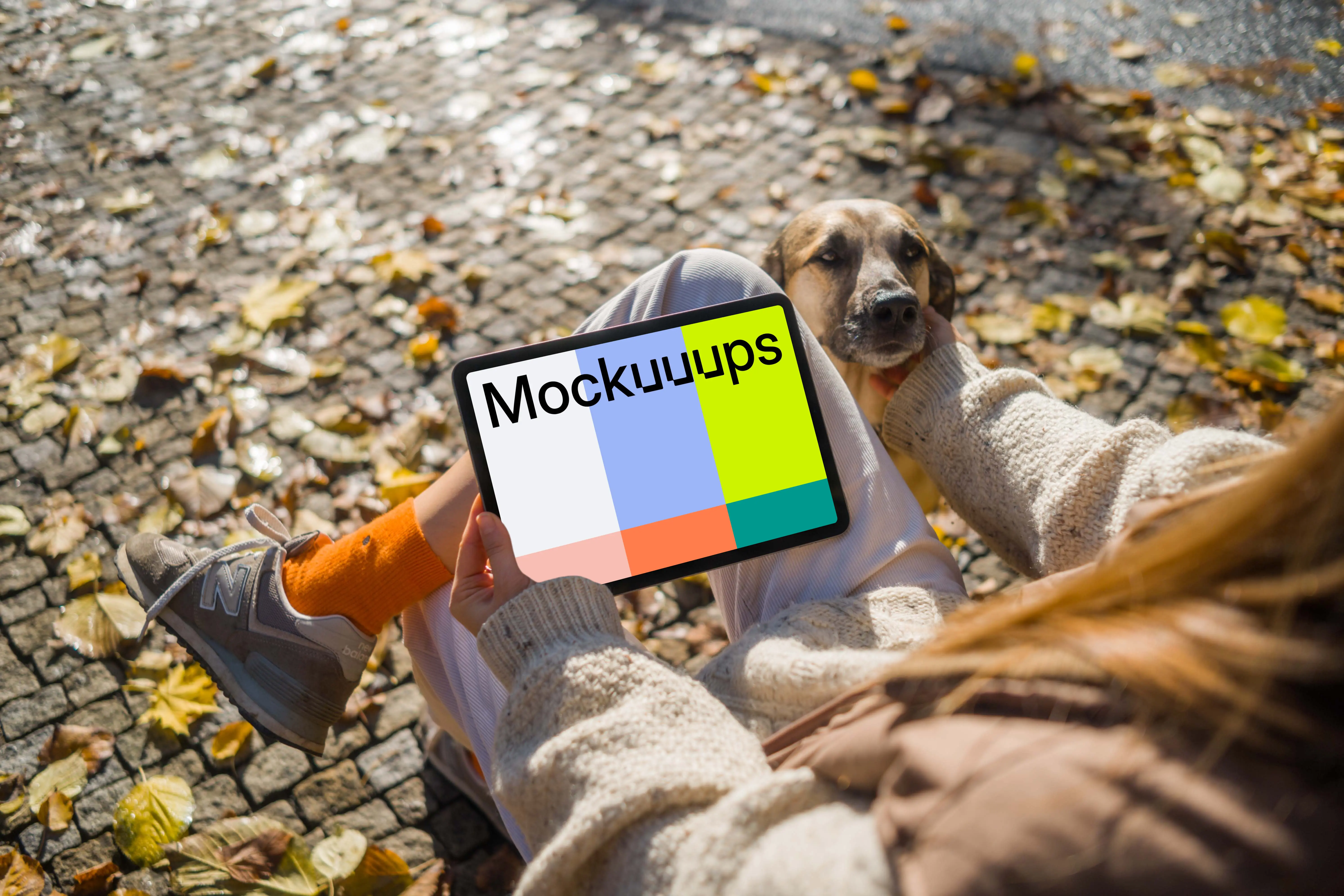 Woman holding a tablet in the park scratching dog mockup