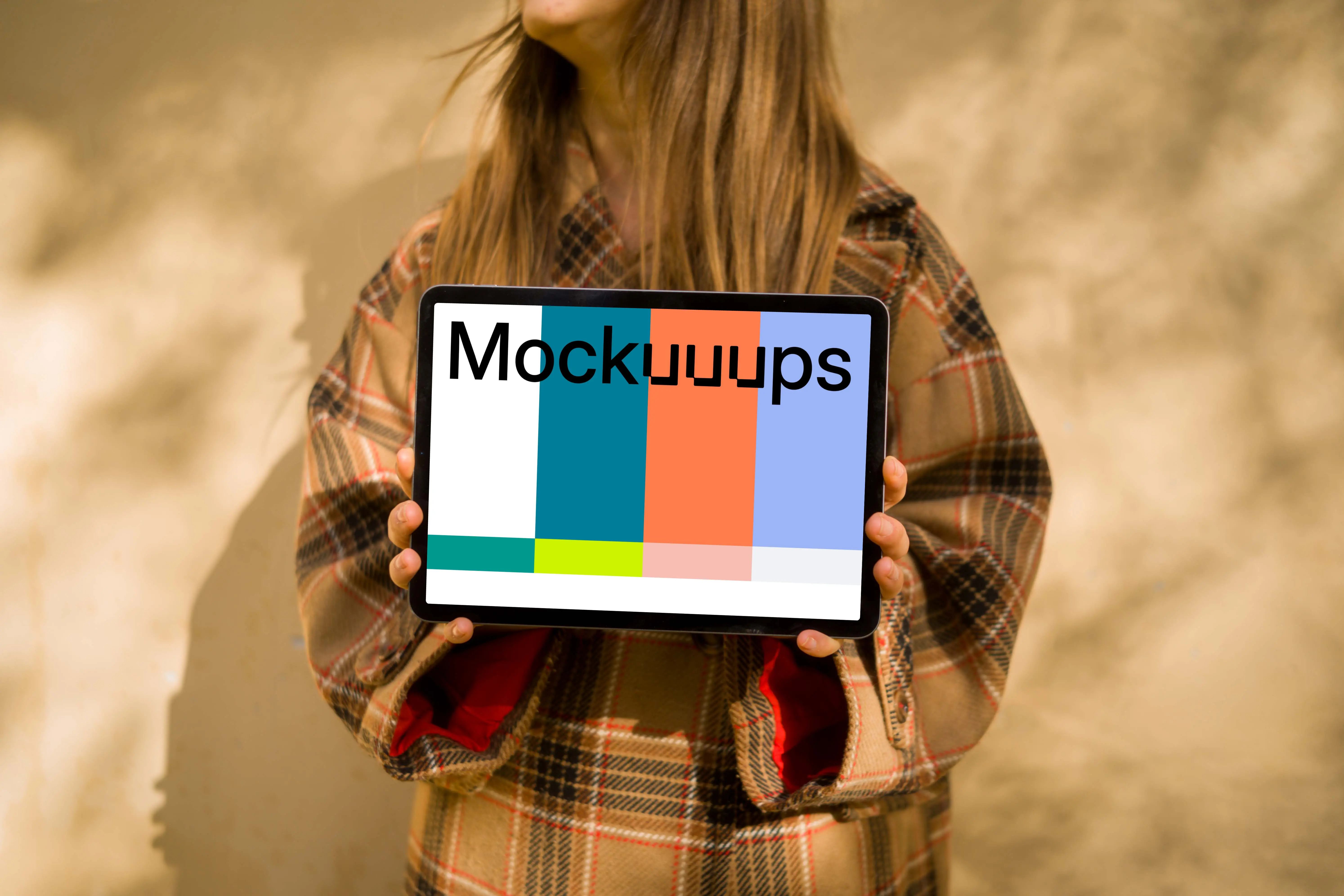 Woman in an autumn coat holding an iPad Air mockup