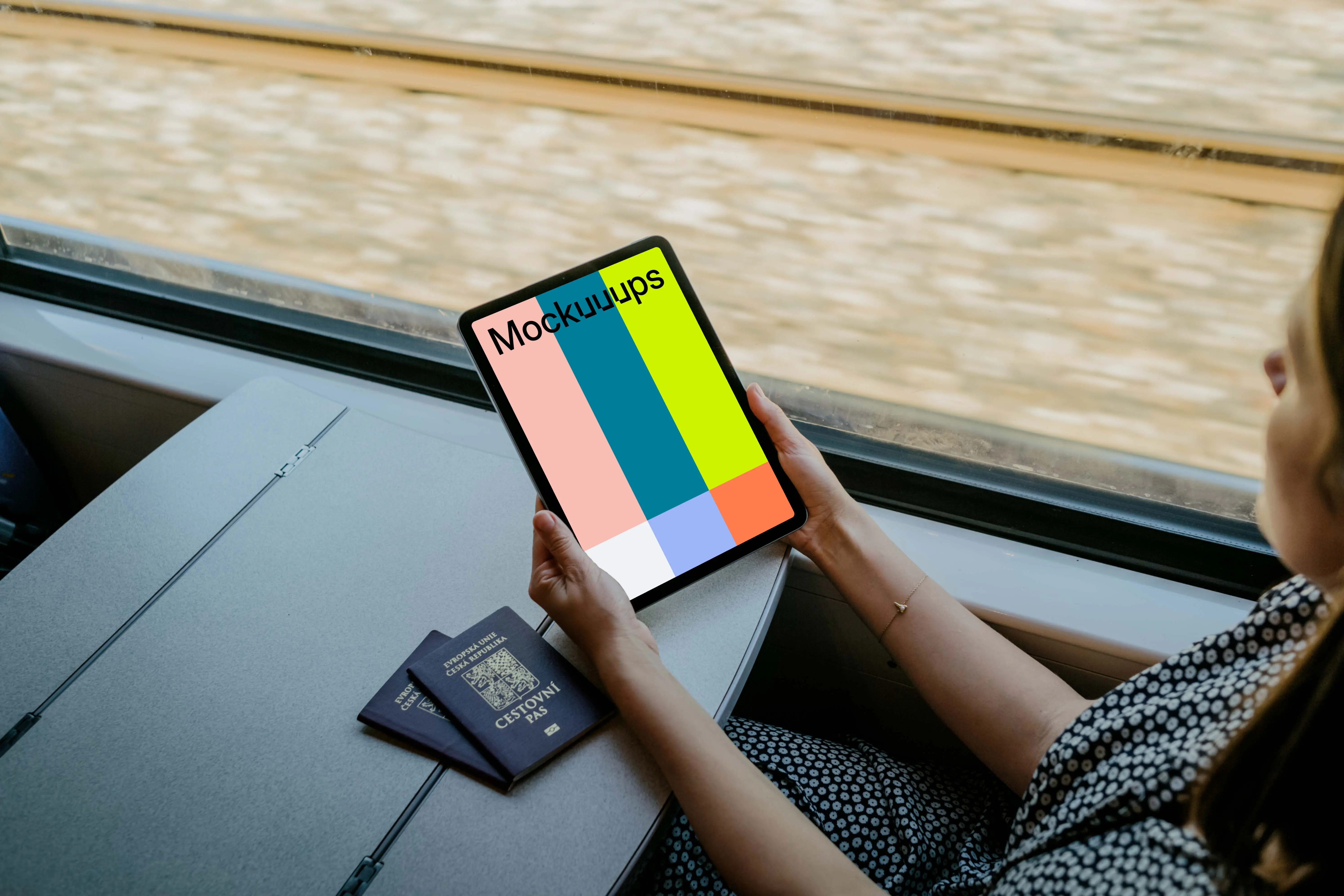 Woman planning a trip on iPad mockup