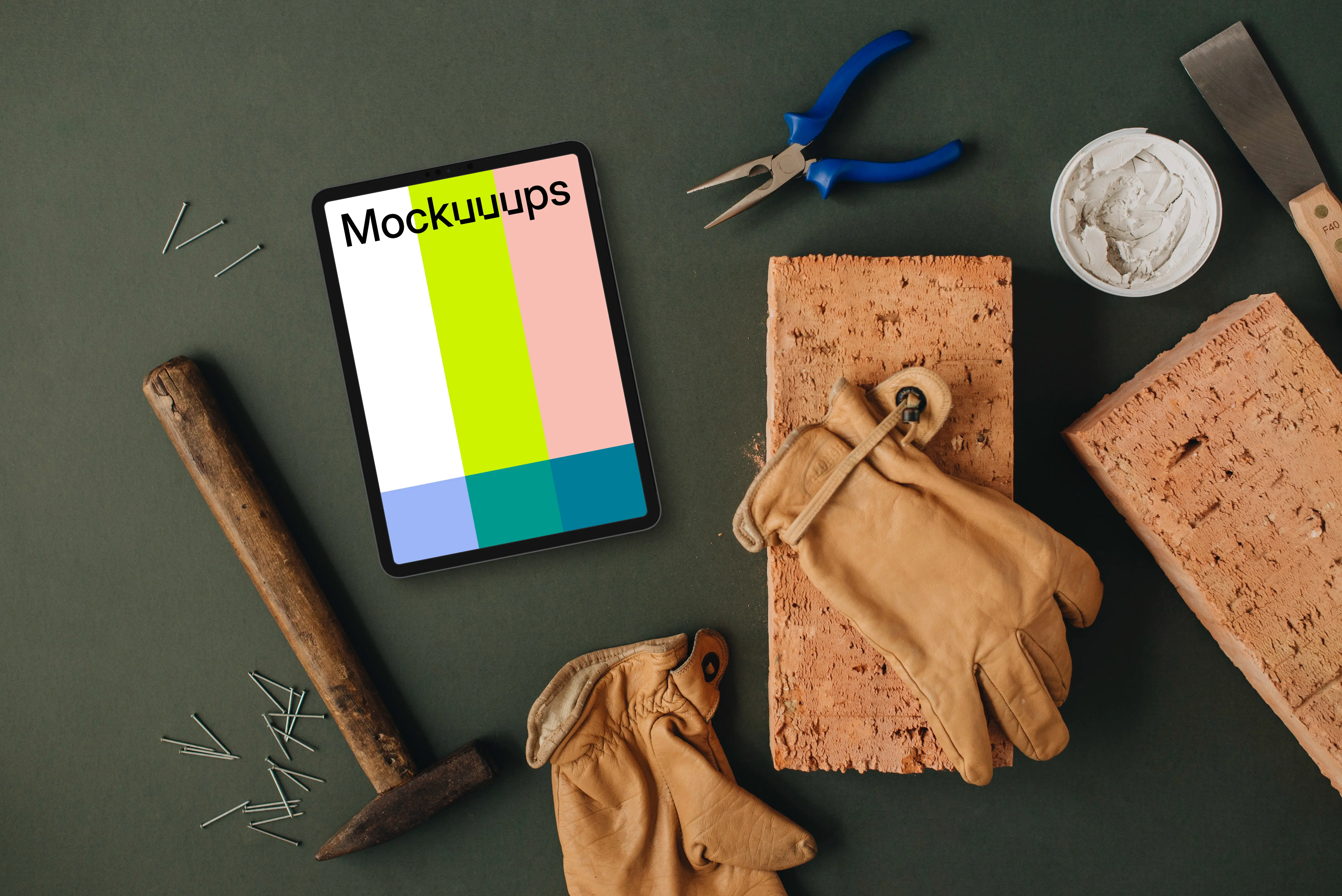 Workshop supplies and a tablet mockup