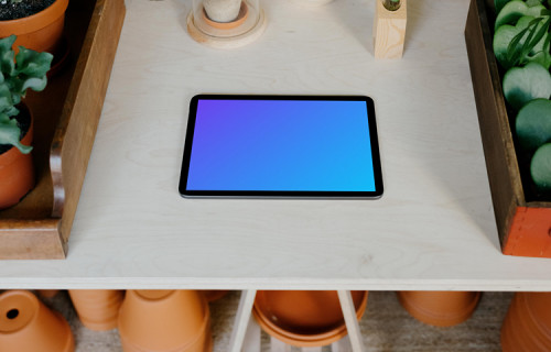 iPad Air mockup on a table with potted plants