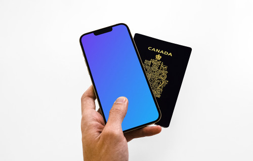 iPhone 13 mockup and passport held by user
